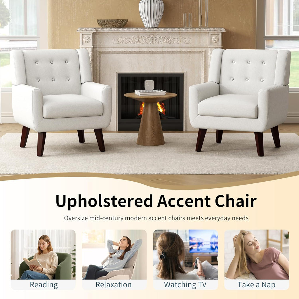 Linen Fabric Living Room Chairs, Accent Chair, Mid Century Modern Armchair for Living Room, Bedroom Button Tufted Upholstered Comfy Reading Sofas,Vanity Chair (2, Beige)