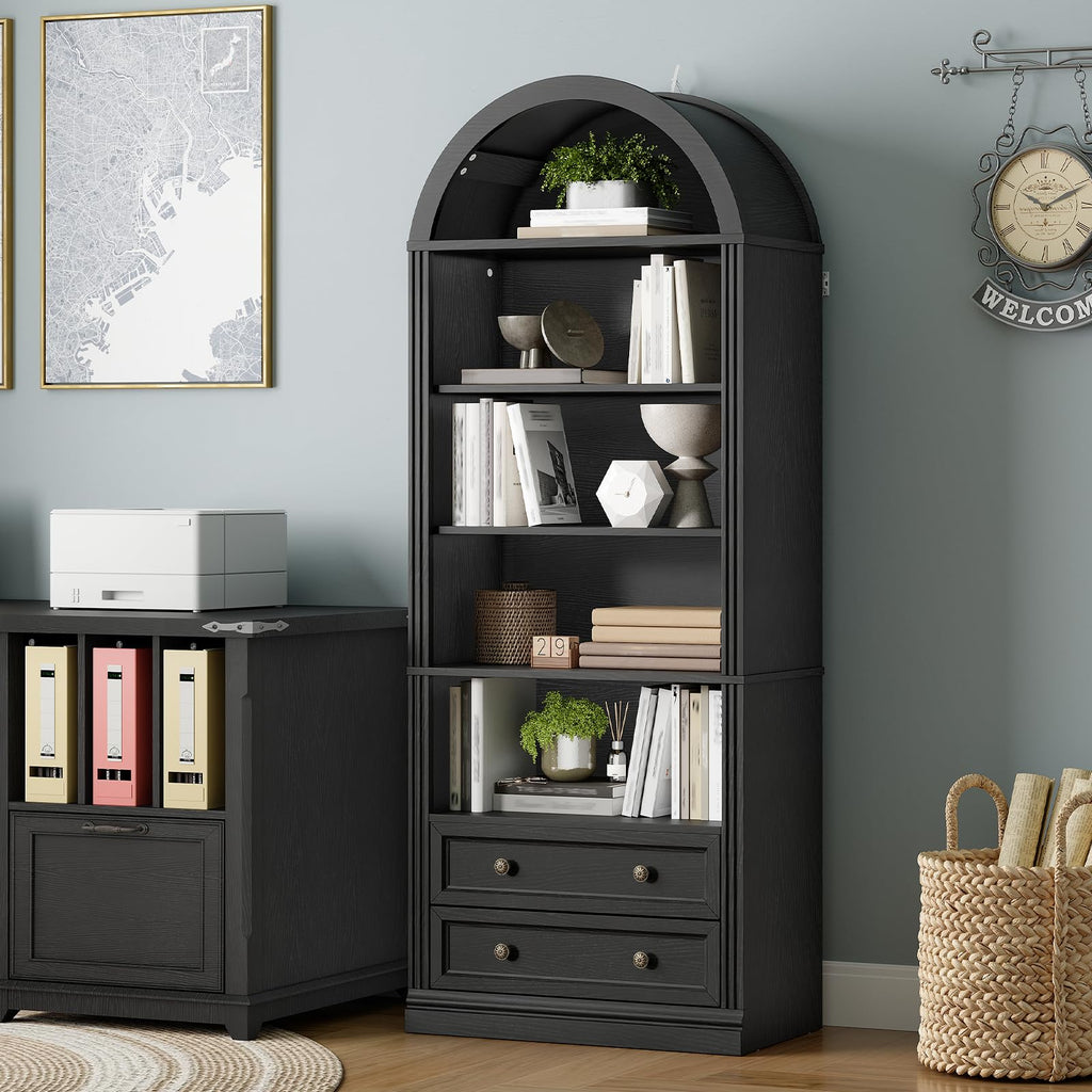 RALGEND Farmhouse Arched Bookshelf, 7 Tiers Arch Bookcase with 2 Spacious Drawers, Modern Book Shelf with Open Display Shelves and Storage Cabinet, for Office, Living Room, Kitchen, Walnut