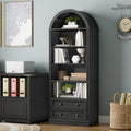 RALGEND Farmhouse Arched Bookshelf, 7 Tiers Arch Bookcase with 2 Spacious Drawers, Modern Book Shelf with Open Display Shelves and Storage Cabinet, for Office, Living Room, Kitchen, Walnut