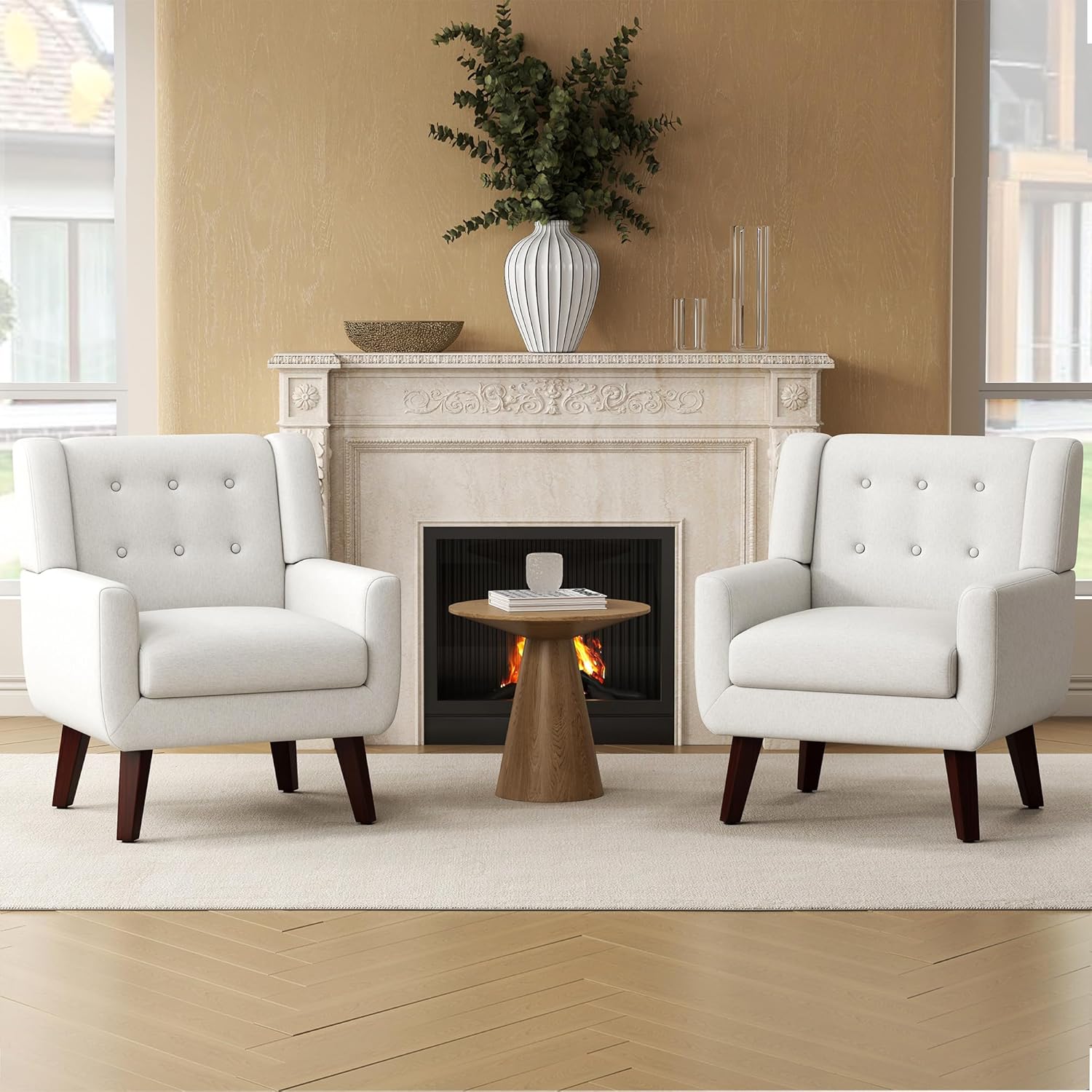 Linen Fabric Living Room Chairs, Accent Chair, Mid Century Modern Armchair for Living Room, Bedroom Button Tufted Upholstered Comfy Reading Sofas,Vanity Chair (2, Beige)