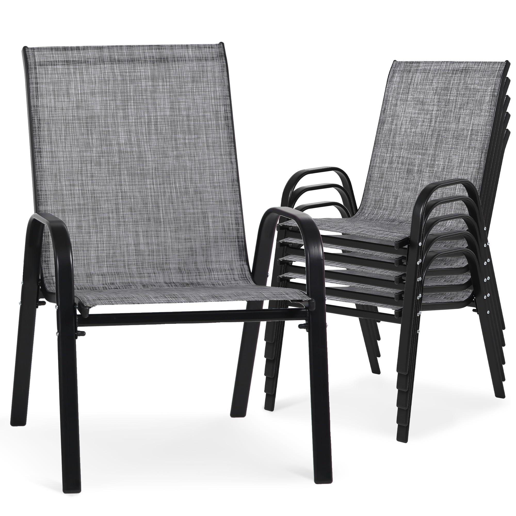 24.4" Wide Outdoor Stackable Chairs Set of 4, Stacking Patio Chairs with Textilene Fabric, Outside Furniture for Garden Backyard Balconie Poolside Deck, Brown