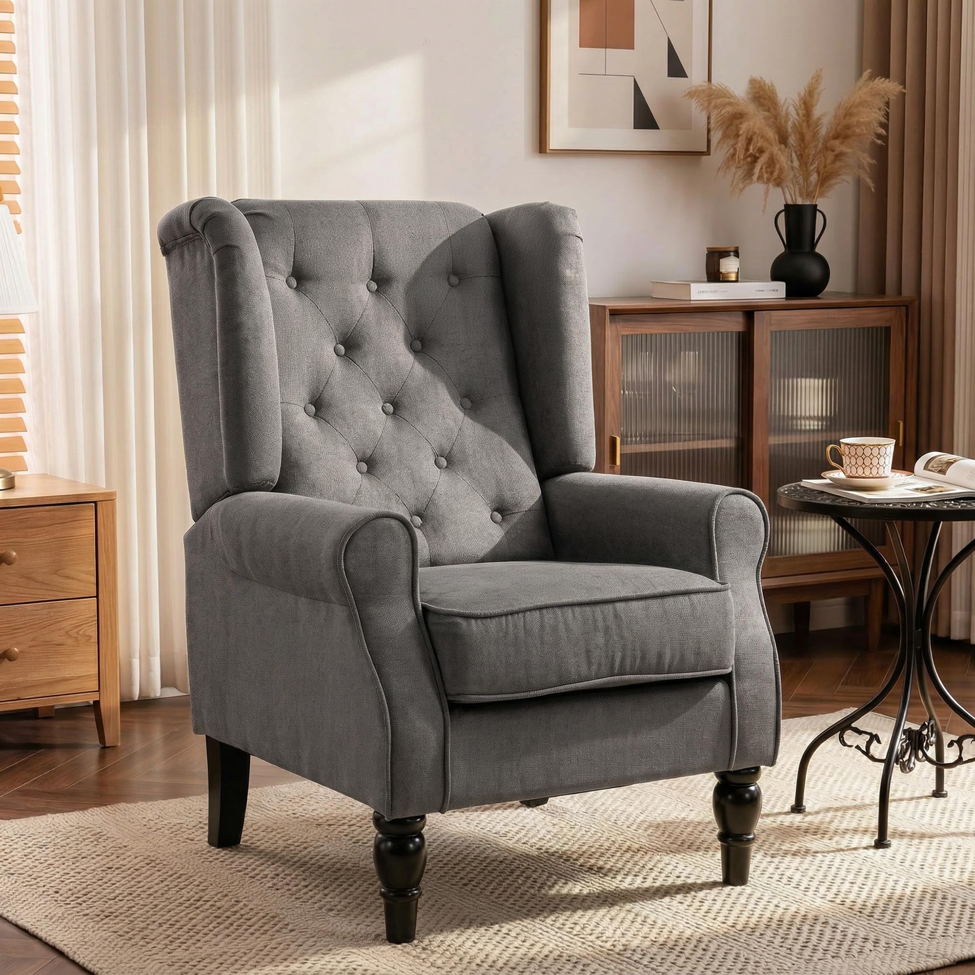 HOMCOM Mid-Century Modern Accent Chair, High Wingback Reading Chair, Button-Tufted Upholstered Fabric Armchair with Retro Wood Legs for Apartment, Living Room, Bedroom, Gray