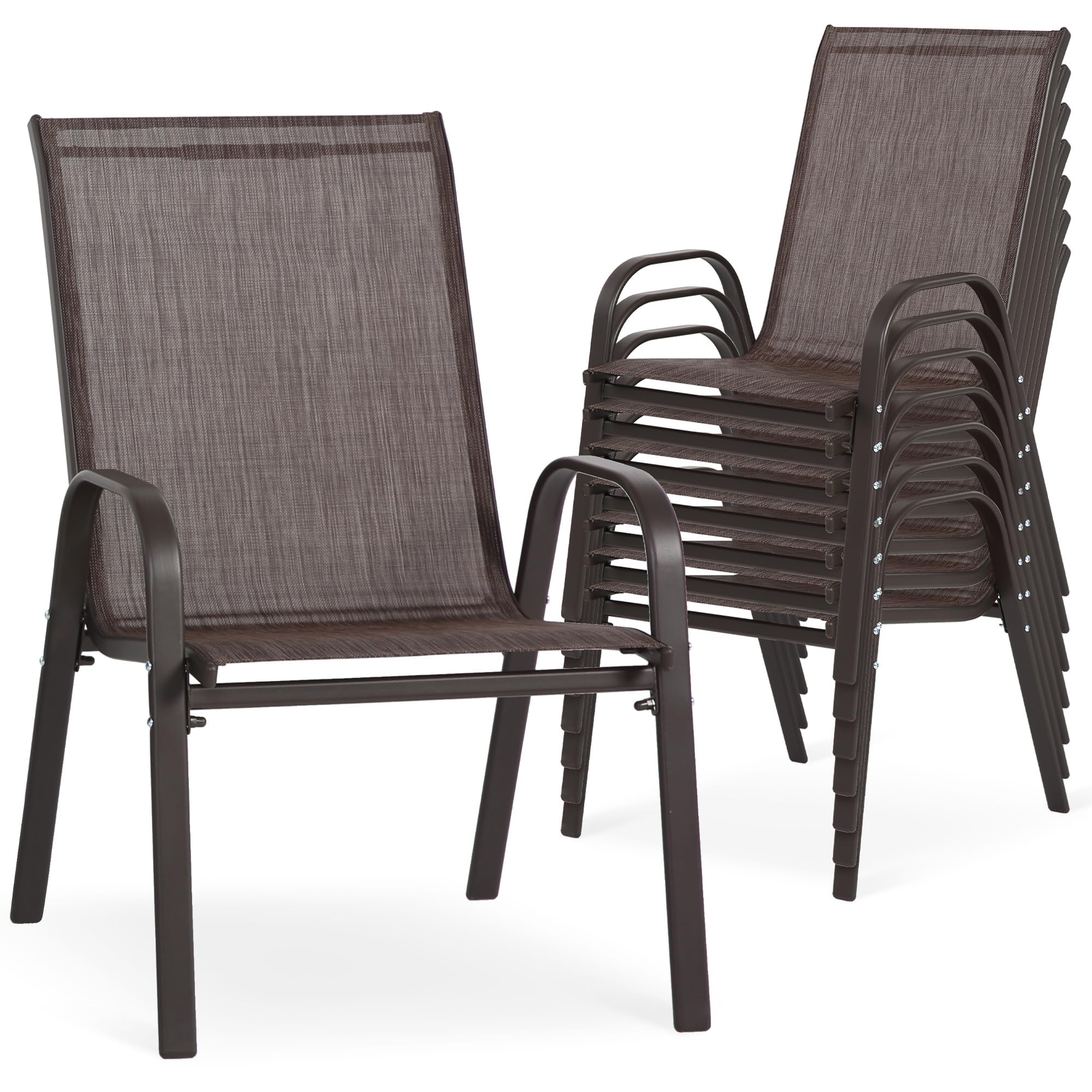 24.4" Wide Outdoor Stackable Chairs Set of 4, Stacking Patio Chairs with Textilene Fabric, Outside Furniture for Garden Backyard Balconie Poolside Deck, Brown
