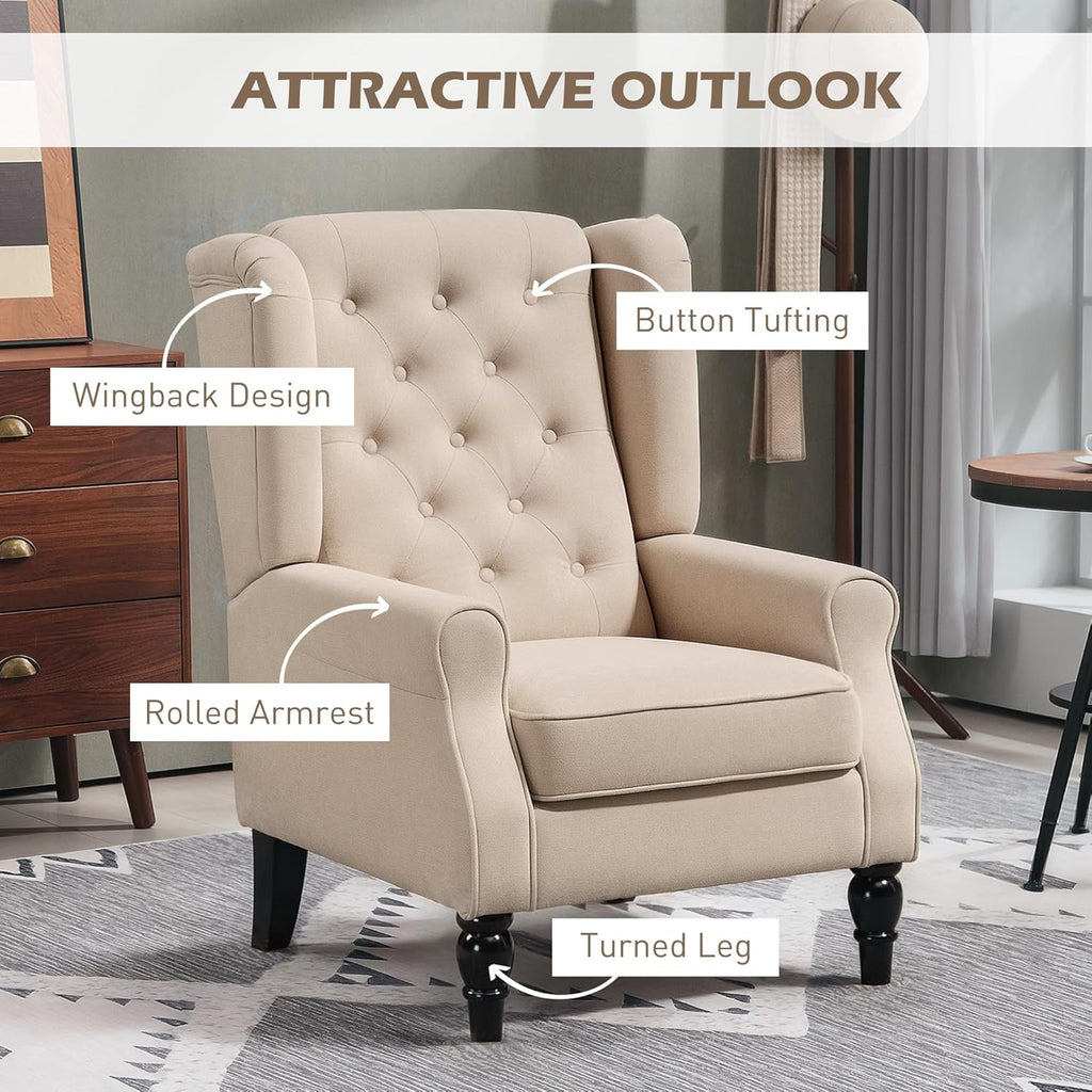 HOMCOM Beige Mid-Century Tufted Wingback Fabric Accent Chair with Wooden Legs for Living Room & Bedroom