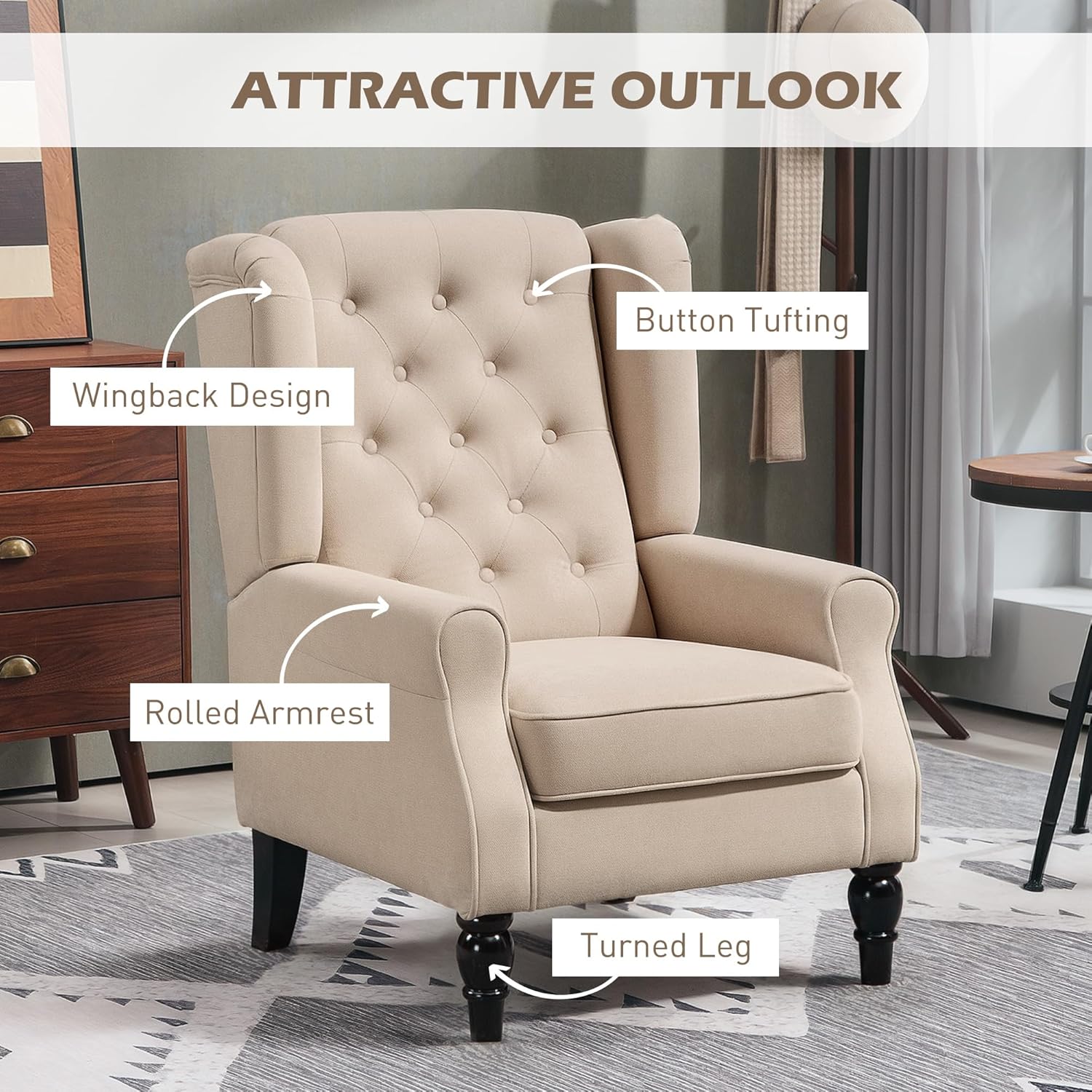 HOMCOM Beige Mid-Century Tufted Wingback Fabric Accent Chair with Wooden Legs for Living Room & Bedroom