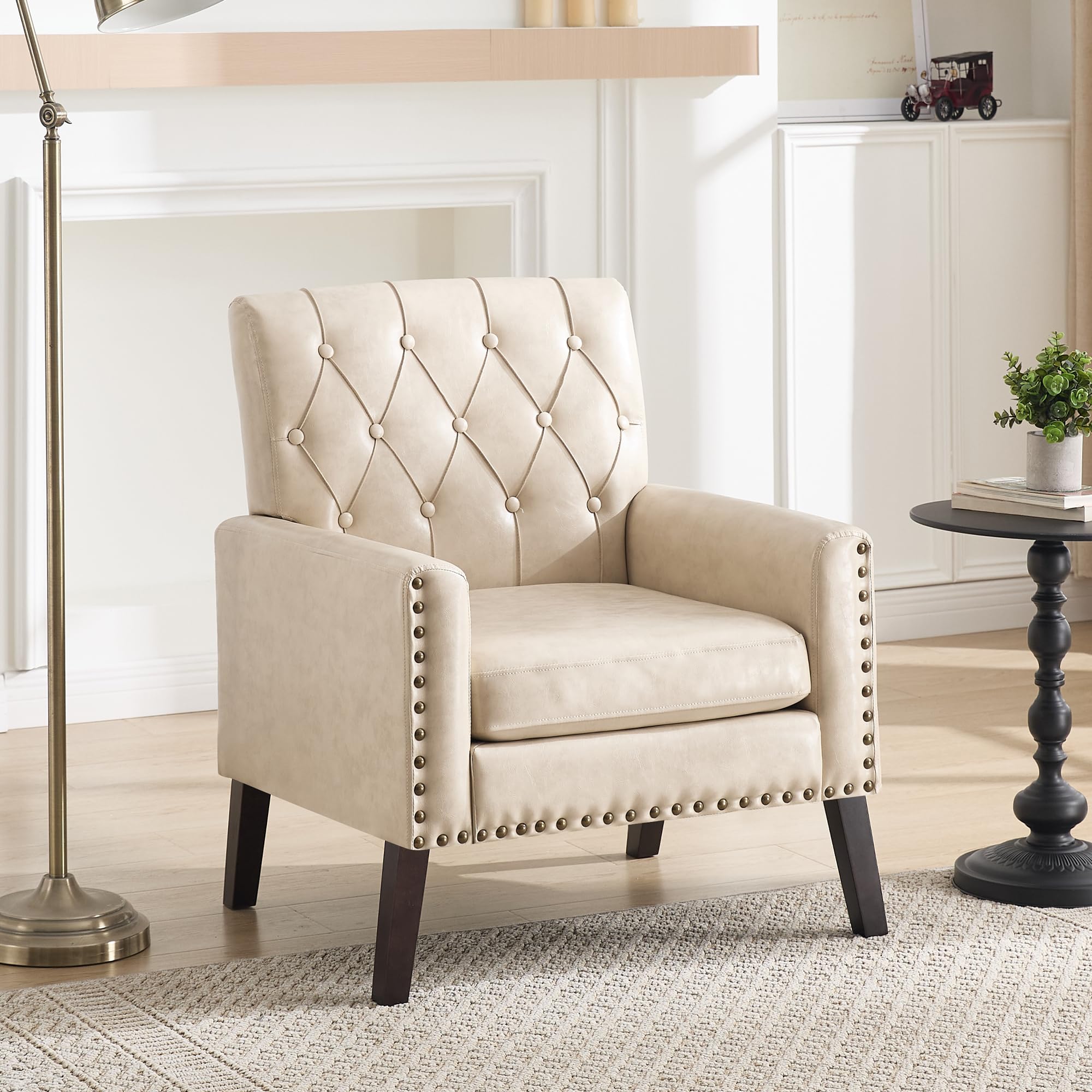 Mid Century Modern Accent Chair, Ivory Faux Leather Office Chair for Reception - Tufted Leather Club Chair for Living Room, Bedroom, or Waiting Room