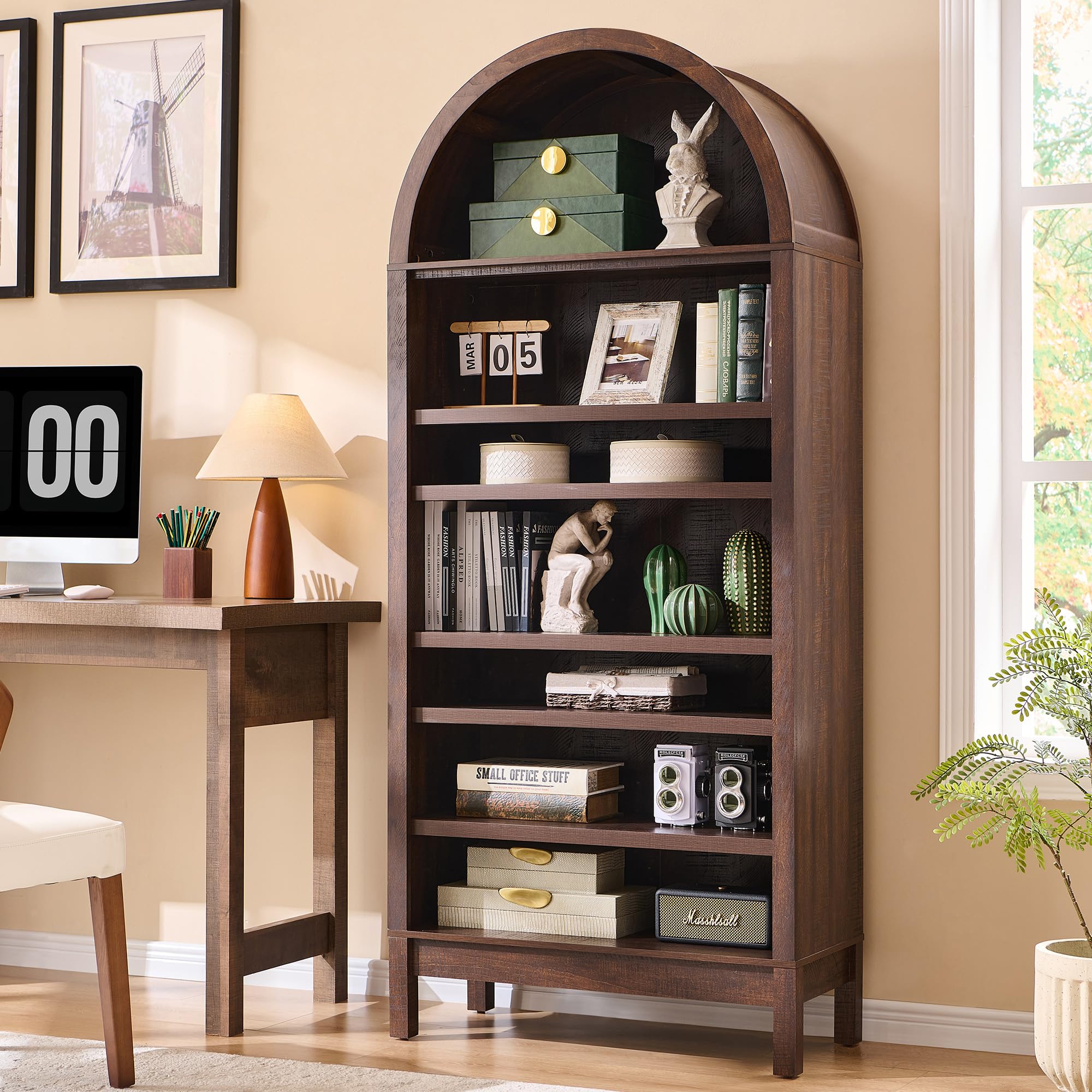 71" 7-Tier Arched Wood Bookshelf Adjustable Shelves, Brown