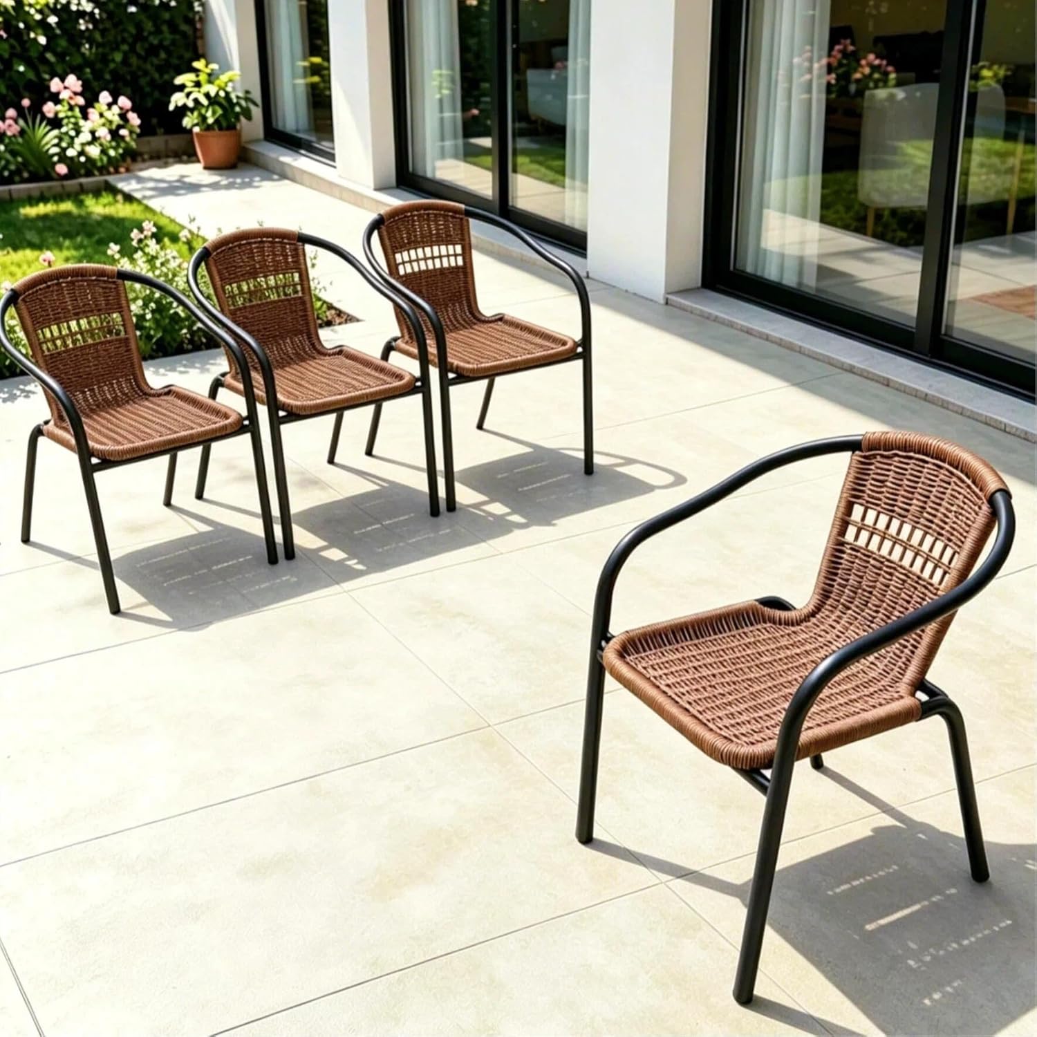 4 Pack Brown Stackable Outdoor Rattan Chairs, All-Weather Patio Seating for Balcony Porch Lawn, Small Patio Furniture Set for Front Porch Decor & Outdoor Spaces