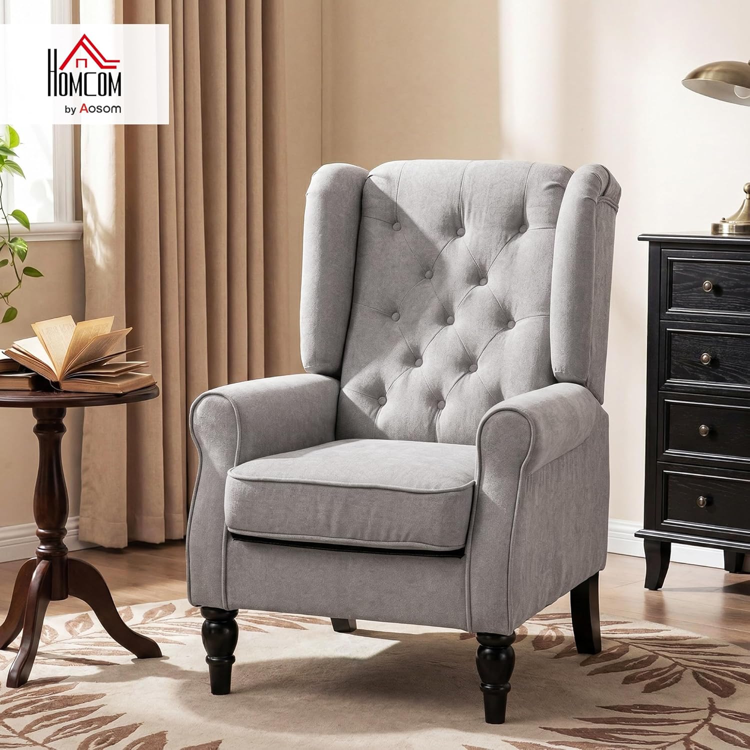 HOMCOM Mid-Century Modern Accent Chair, High Wingback Reading Chair, Button-Tufted Upholstered Fabric Armchair with Retro Wood Legs for Apartment, Living Room, Bedroom, Gray