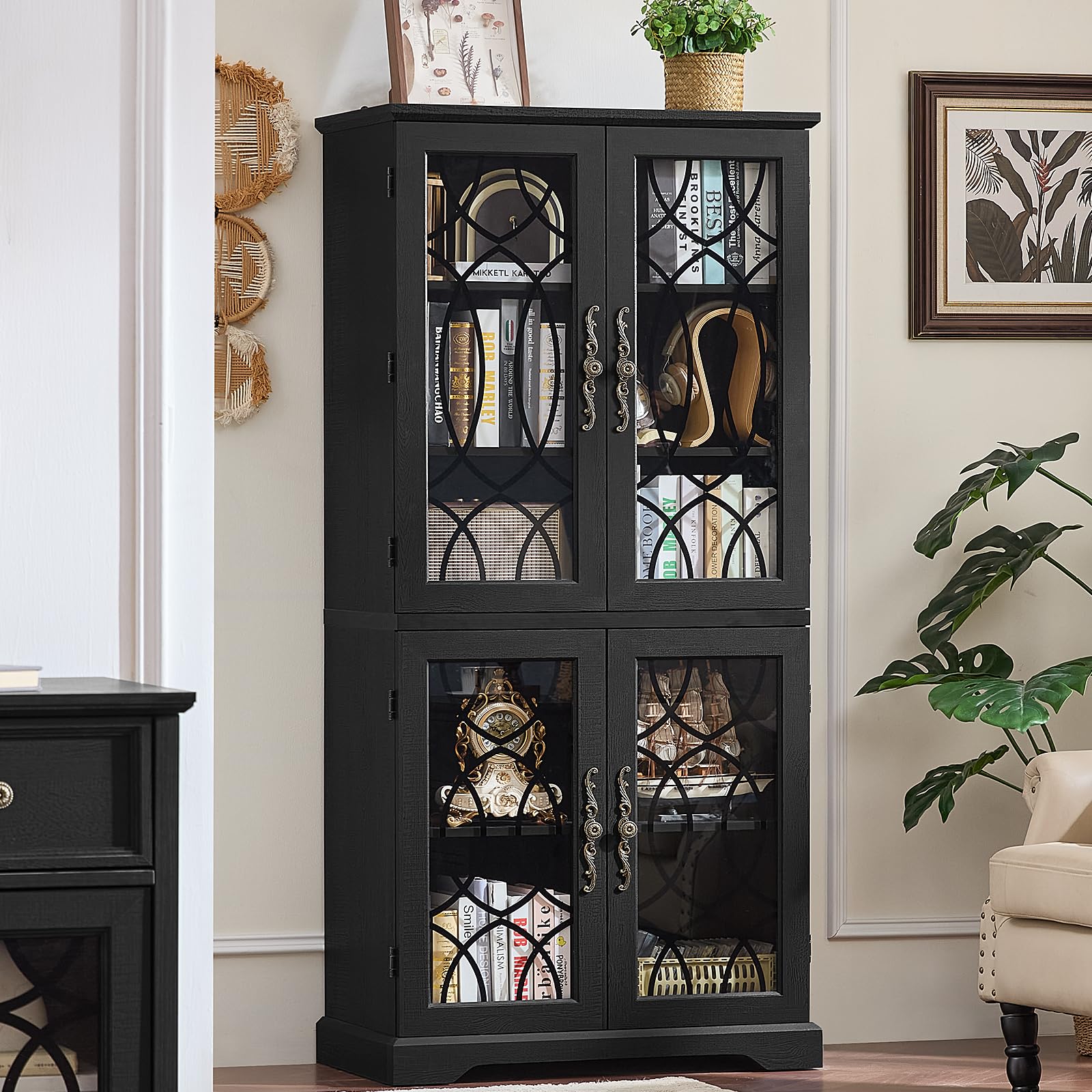 Joaxswe 67" Tall Bookshelf, Rustic Book Shelf w/Vintage Pattern Tempered Glass Doors, 5-Tier Wood Bookcase with Adjustable Storage Shelves, Retro Curio Display Cabinet for Living Room, Brown