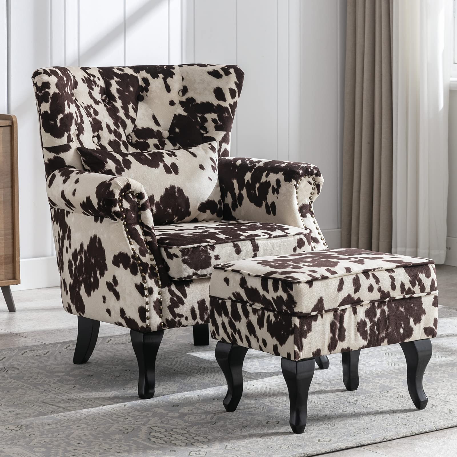 Mid Century Modern Accent Chair Upholstered Armchair Comfy Linen Fabric Single Sofa with Tufted Wingback for Small Spaces Bedroom Living Room, Beige