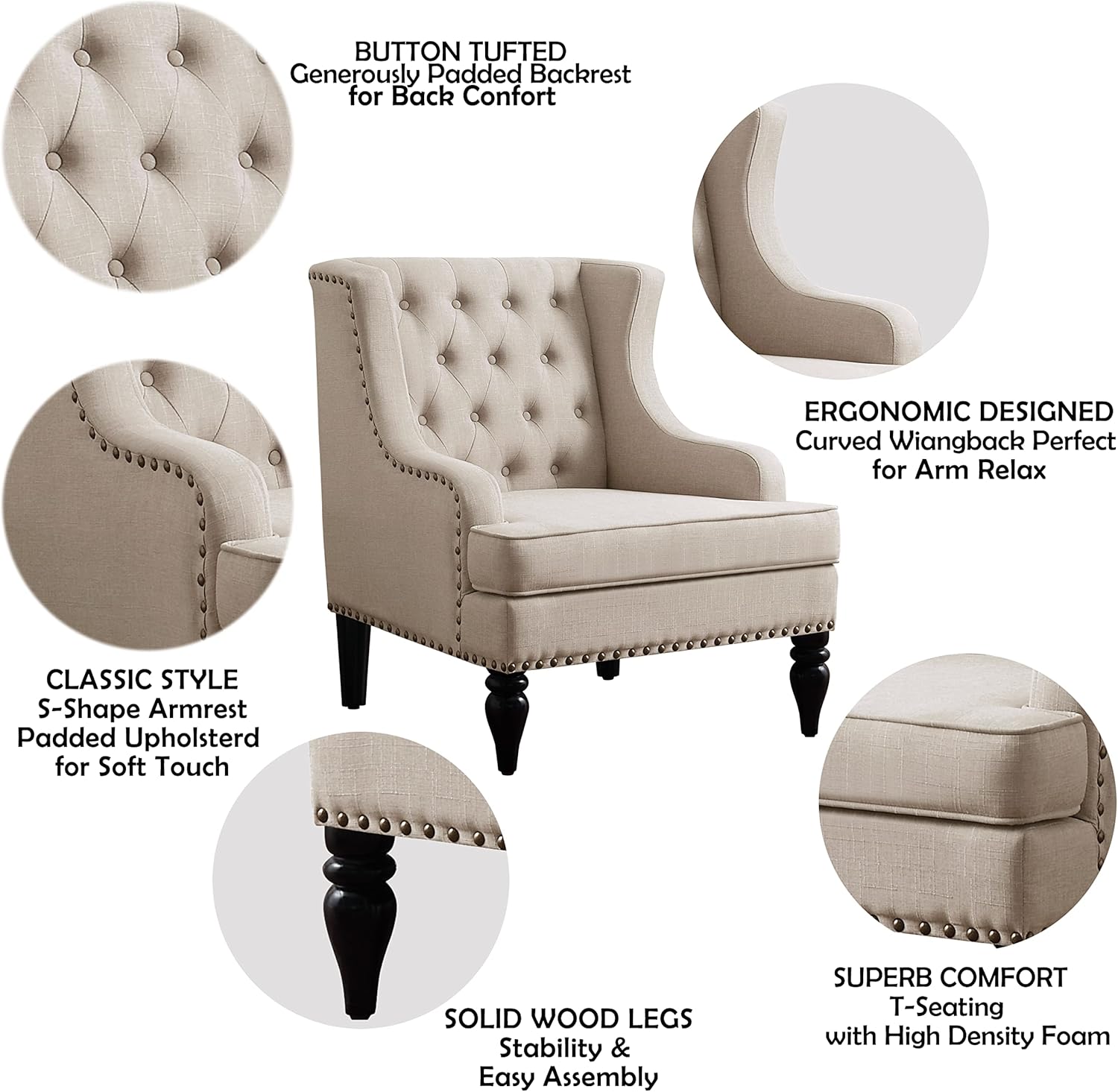 Rosevera Amelia 29" Modern Upholstered Accent Chair Armchair with Wingback Accent Leisure Chair, Fabric Reading Living Room Single Sofa for Living Room Bedroom Balcony Studio,Beige
