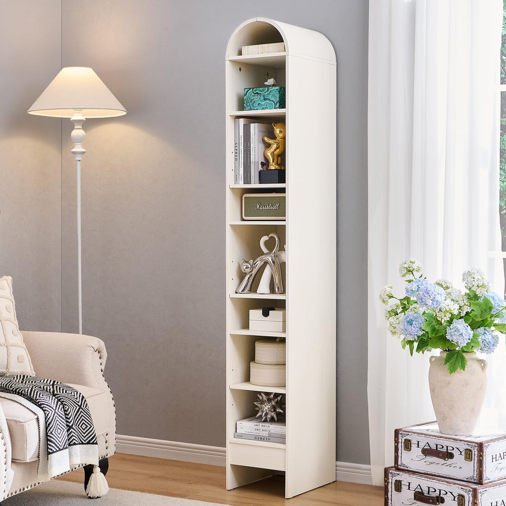 IFGET Brown 7-Tier Adjustable Arched Wooden Bookshelf for Living Room & Office