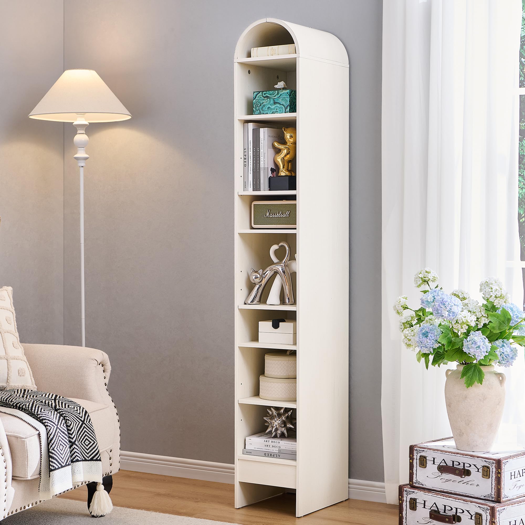 71" 7-Tier Arched Wood Bookshelf Adjustable Shelves, Brown