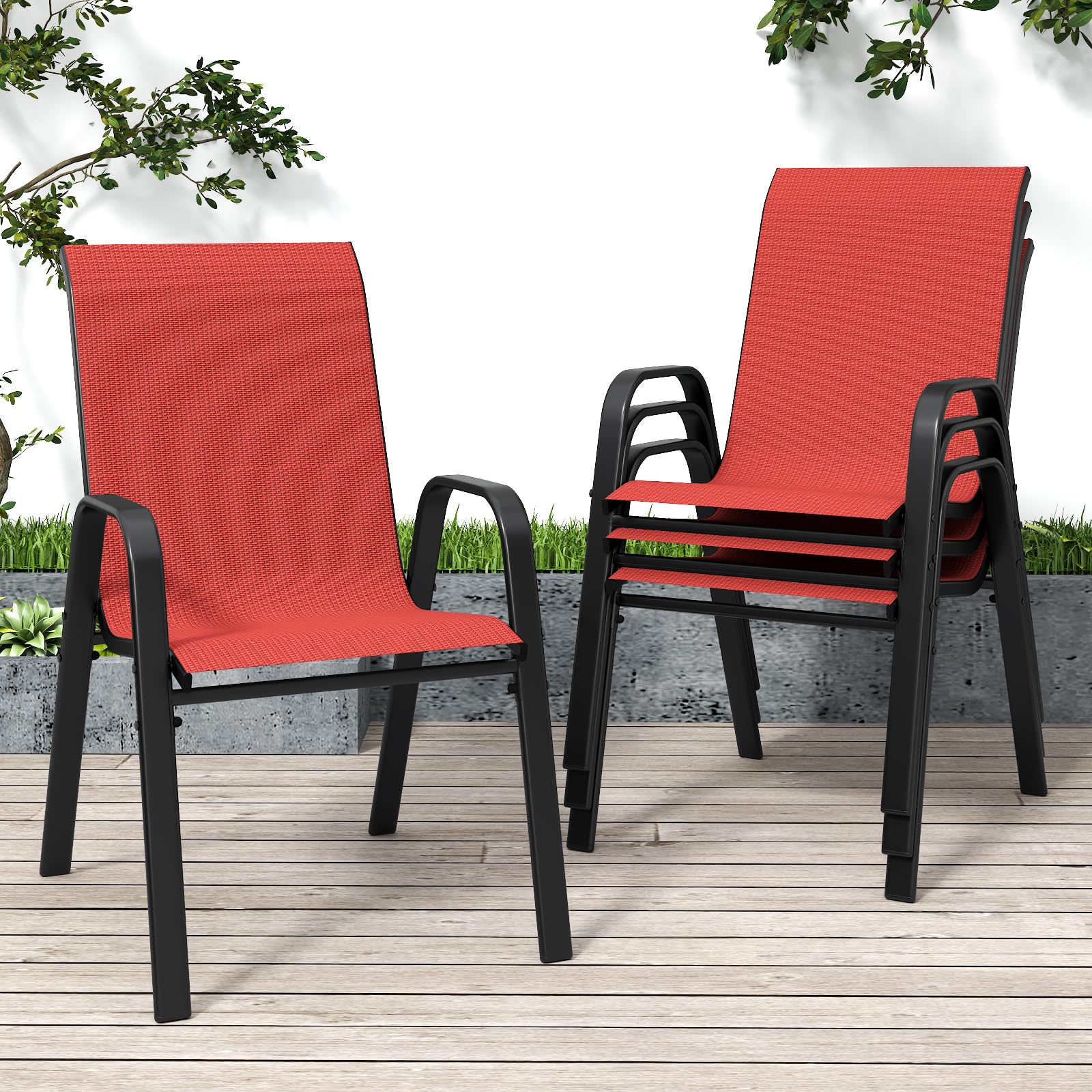 Patio Chairs Set of 6, Stackable Outdoor Dining Chairs for All Weather Textilene Fabric & Metal Frame, Outdoor Chairs Set for Backyard Deck Garden