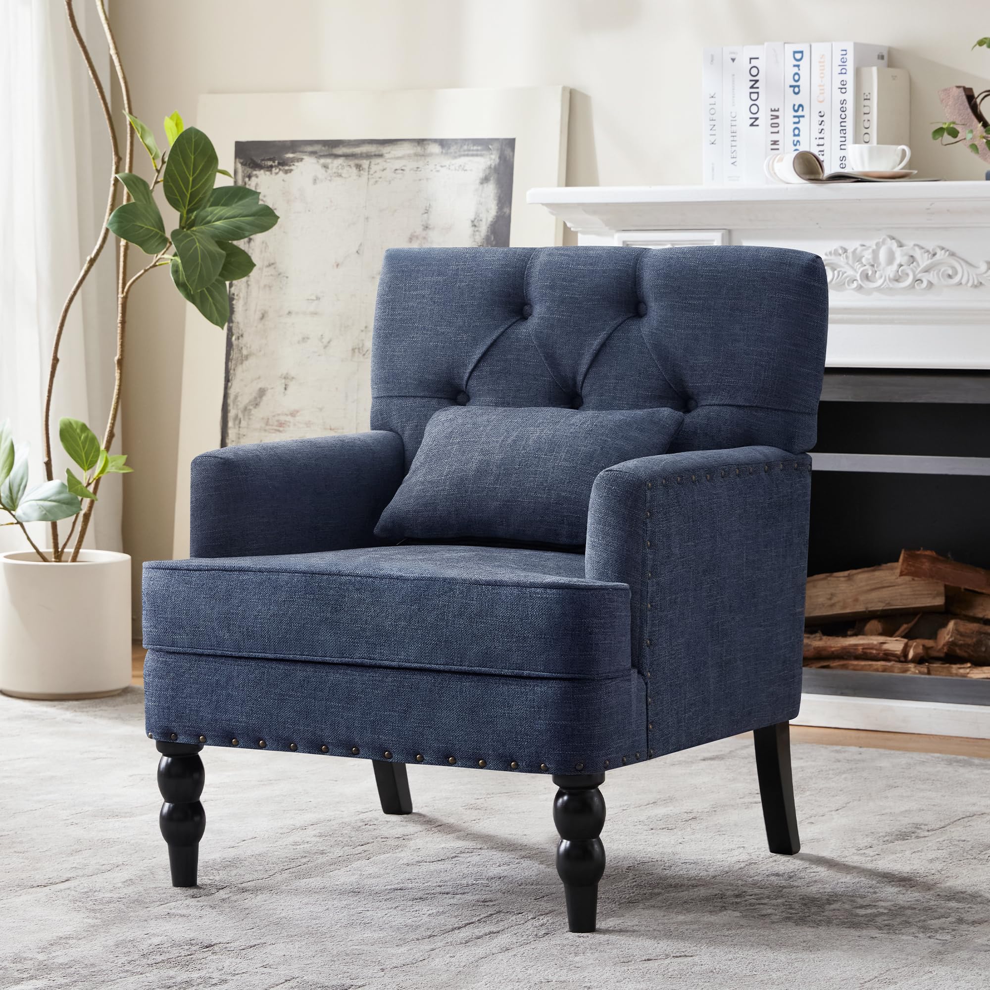 HUIMO Tufted Club Chair,Accent Chair with Lumbar Pillow, Upholstered Button Armchair, Linen Fabric Sofa Chairs for Bedroom, Living Room, Mid Century Modern with Studded Reading Chair Light Blue