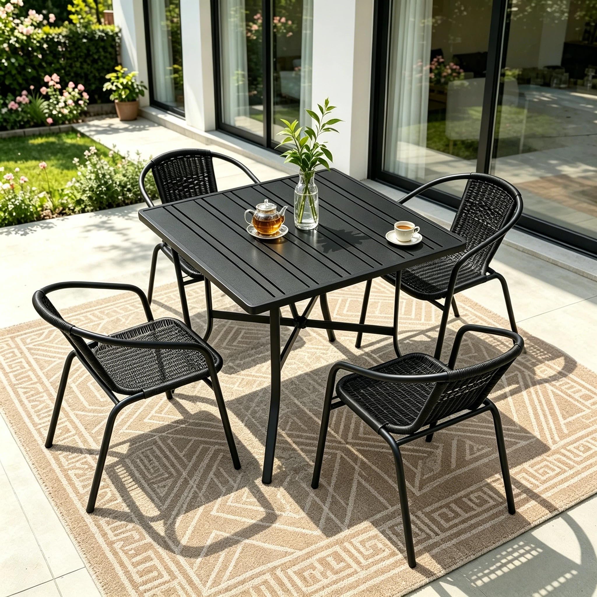 4 Pack Brown Stackable Outdoor Rattan Chairs, All-Weather Patio Seating for Balcony Porch Lawn, Small Patio Furniture Set for Front Porch Decor & Outdoor Spaces