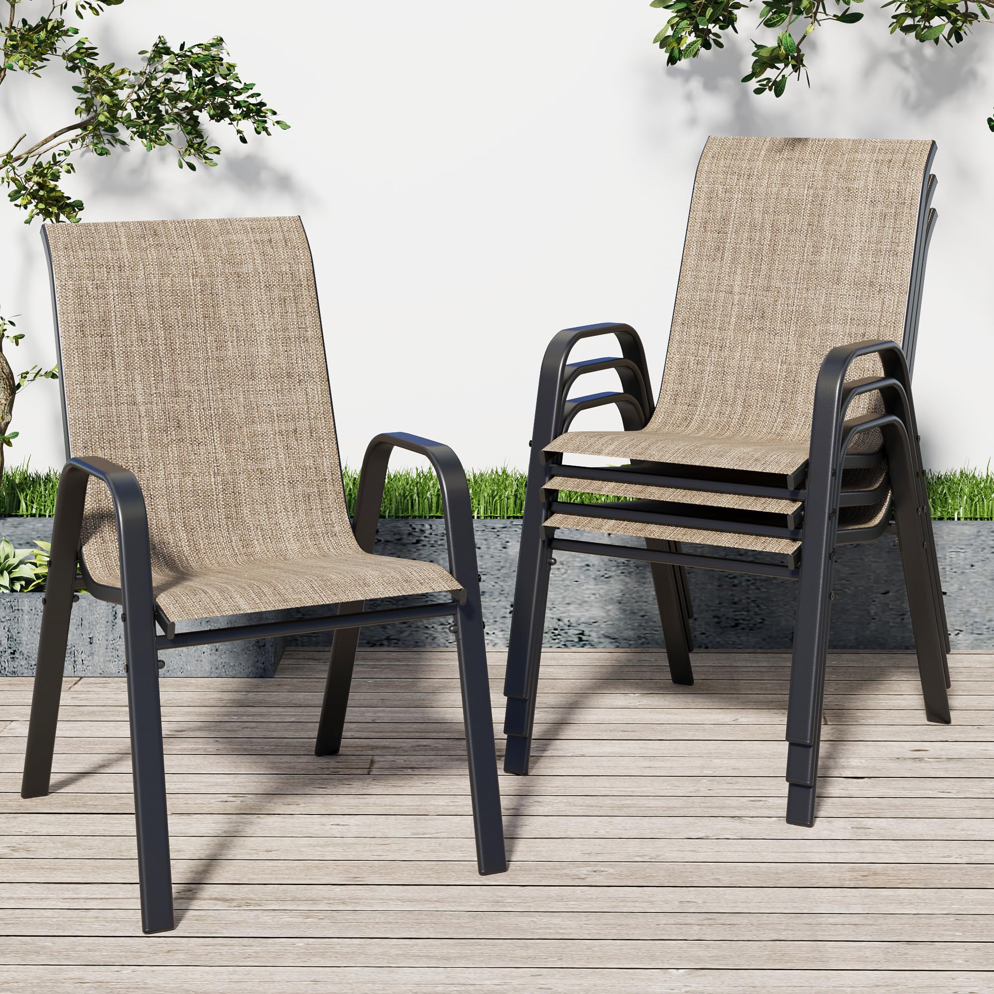 Patio Chairs Set of 6, Stackable Outdoor Dining Chairs for All Weather Textilene Fabric & Metal Frame, Outdoor Chairs Set for Backyard Deck Garden