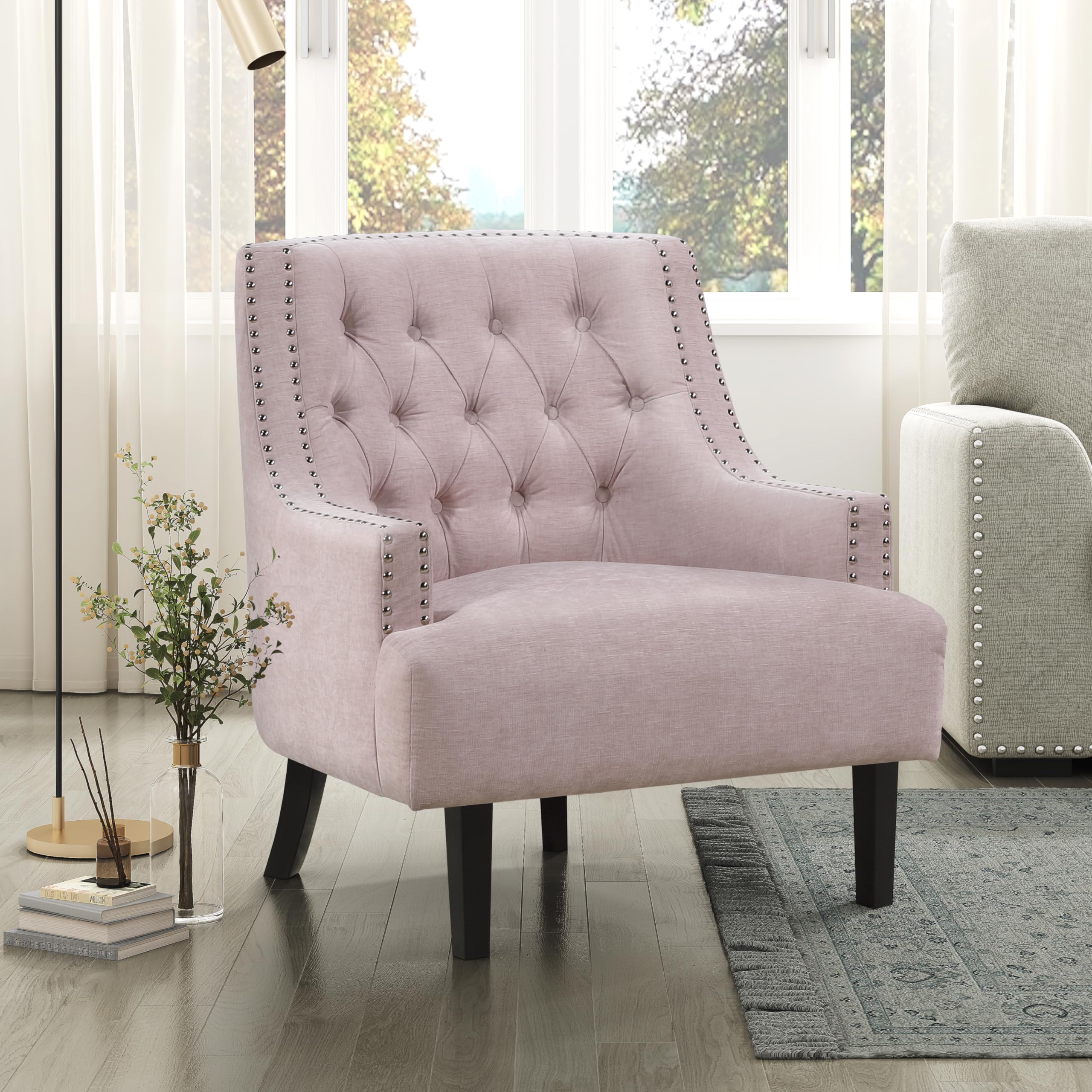 Lexicon Accent Chair Reading Chair Comfy Chair for Bedroom, Upholstered Armchair with Solid Wood Frame, Tufted Cushion Nail Head Trim, Single Sofa Chair for Living Room, Office, Taupe Chenille