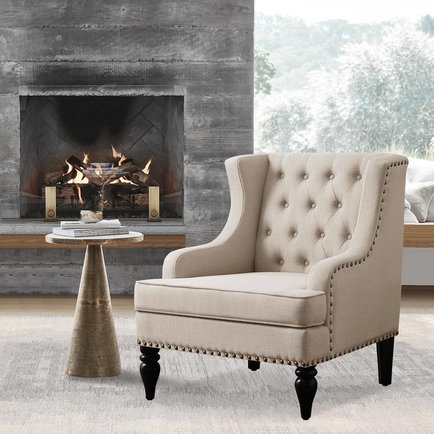 Rosevera Amelia 29" Modern Upholstered Accent Chair Armchair with Wingback Accent Leisure Chair, Fabric Reading Living Room Single Sofa for Living Room Bedroom Balcony Studio,Beige