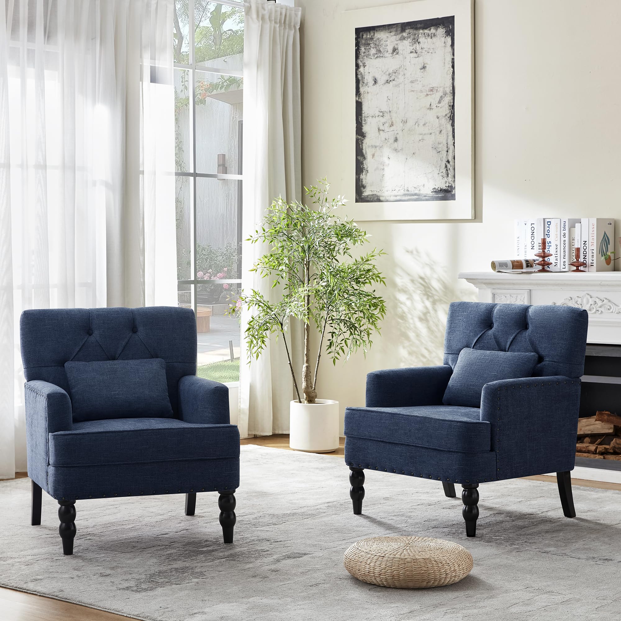 HUIMO Tufted Club Chair,Accent Chair with Lumbar Pillow, Upholstered Button Armchair, Linen Fabric Sofa Chairs for Bedroom, Living Room, Mid Century Modern with Studded Reading Chair Light Blue