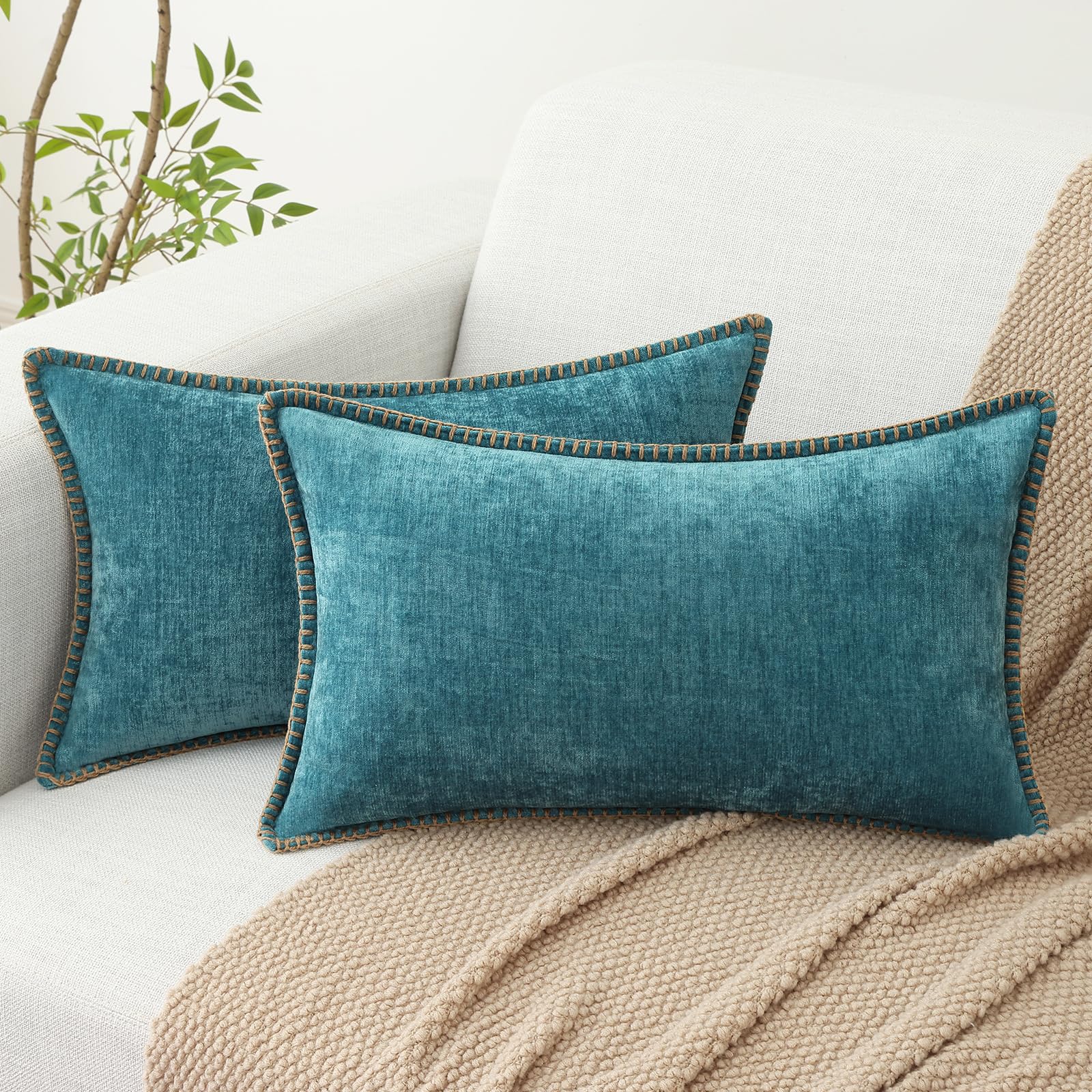 18x18 2-Pack Forest Green Chenille Pillow Covers, Stitched Edge