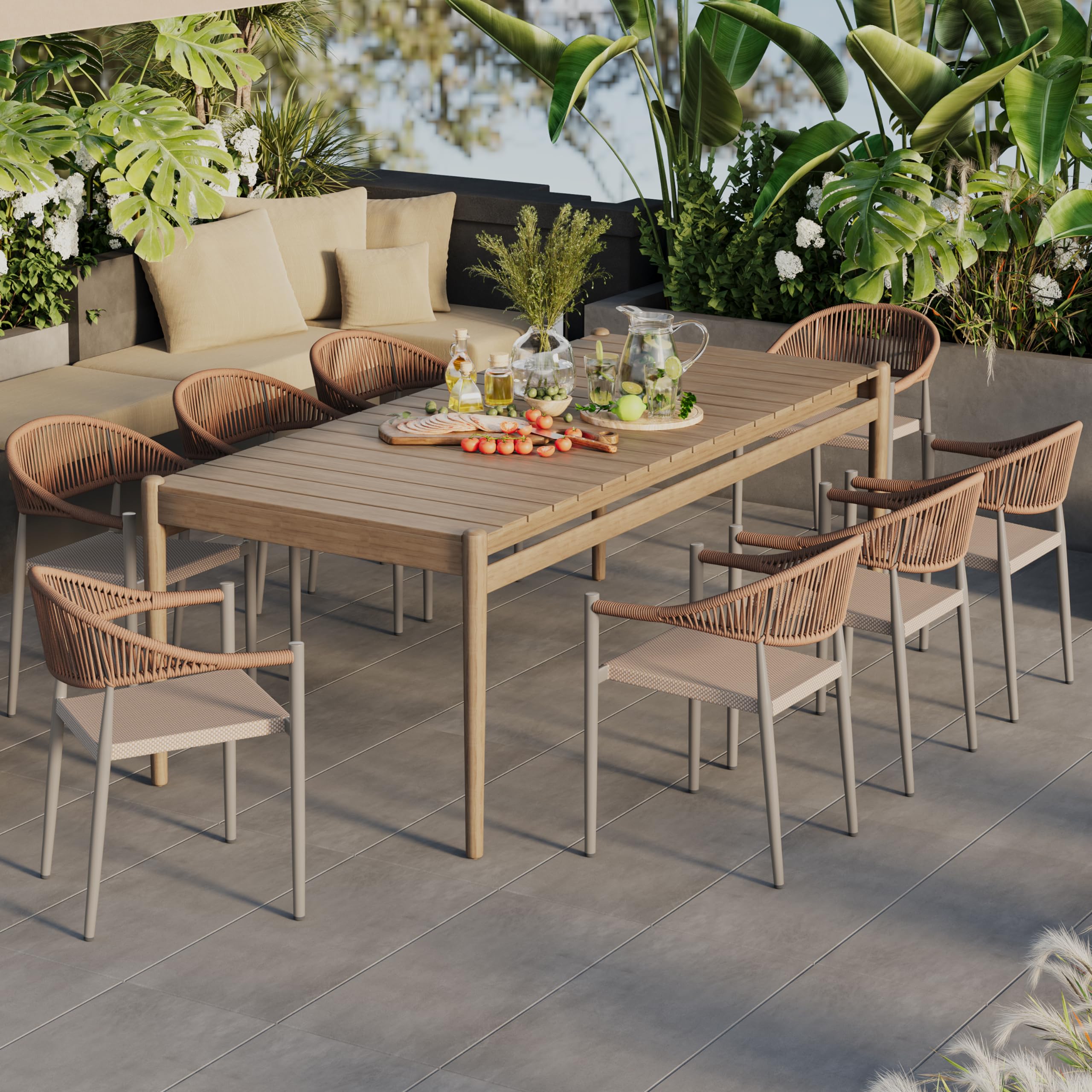 4 Pcs Stackable Patio Dining Chairs, Aluminum Rattan Outdoor Dining Chair with Arms, Woven Rope Garden Armchair Metal No Assembly for Bistro Balcony Porch Deck Yard Cafe Restaurant, Light Brown
