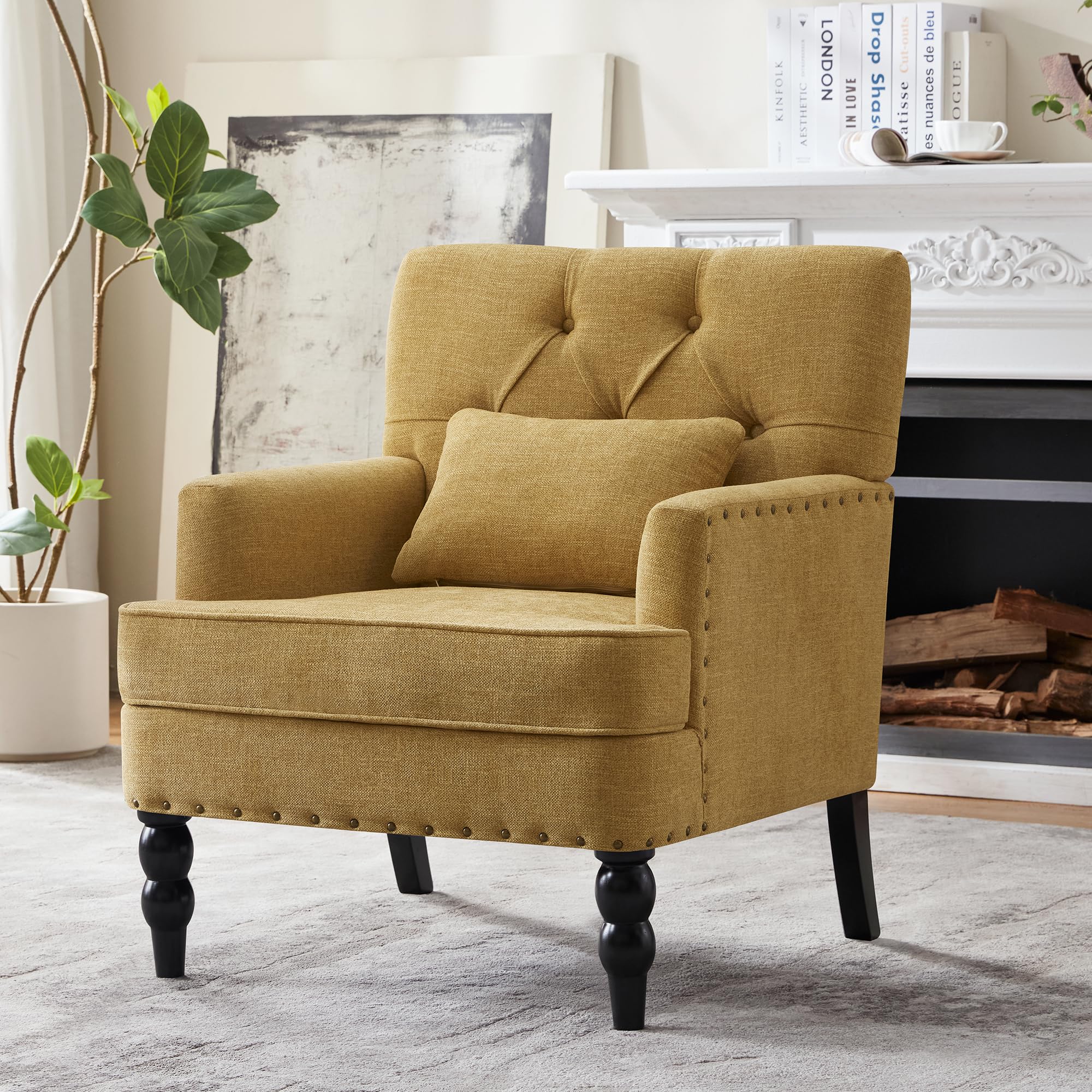 Mid-Century Linen Studded Armchair with Pillow, Beige