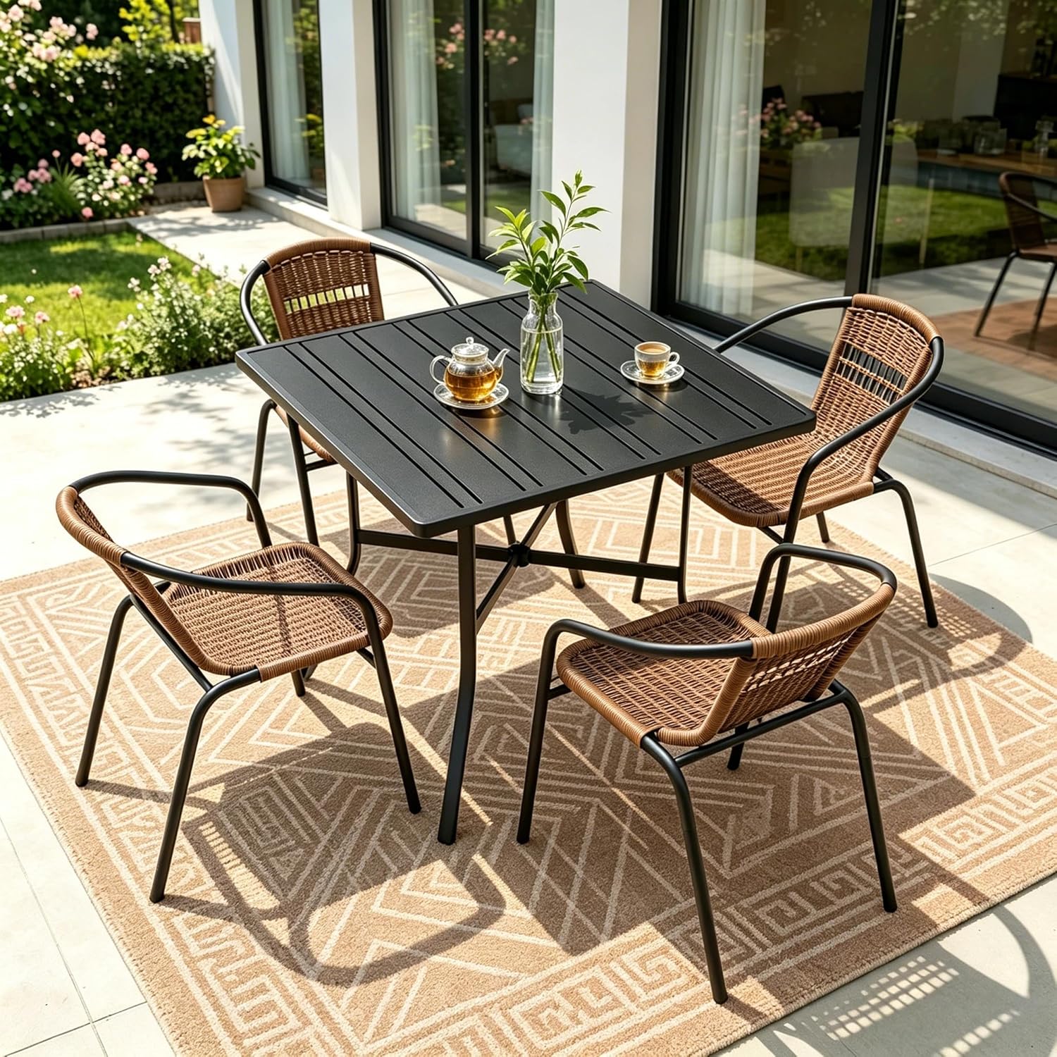 4 Pack Brown Stackable Outdoor Rattan Chairs, All-Weather Patio Seating for Balcony Porch Lawn, Small Patio Furniture Set for Front Porch Decor & Outdoor Spaces