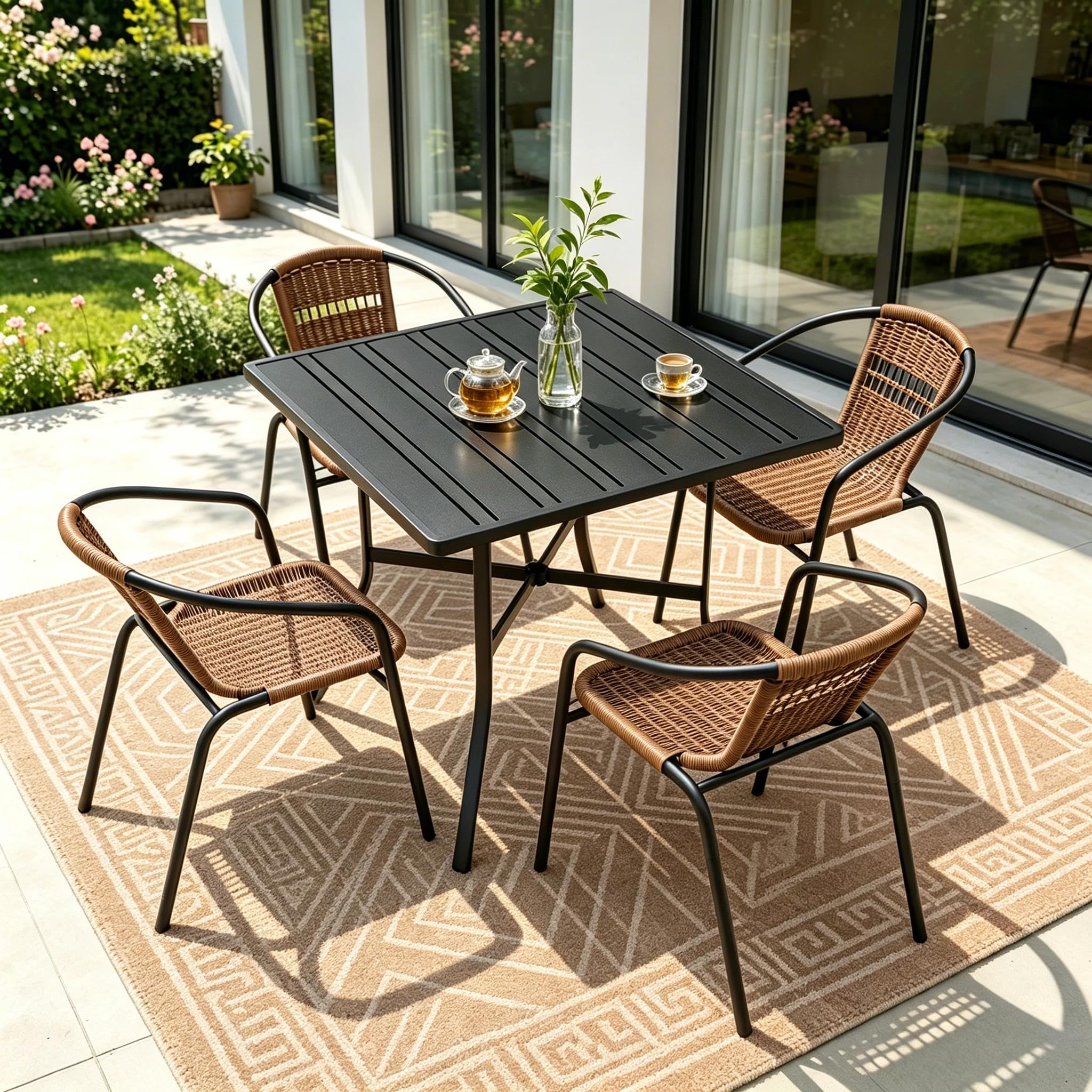 4 Pack Brown Stackable Outdoor Rattan Chairs, All-Weather Patio Seating for Balcony Porch Lawn, Small Patio Furniture Set for Front Porch Decor & Outdoor Spaces