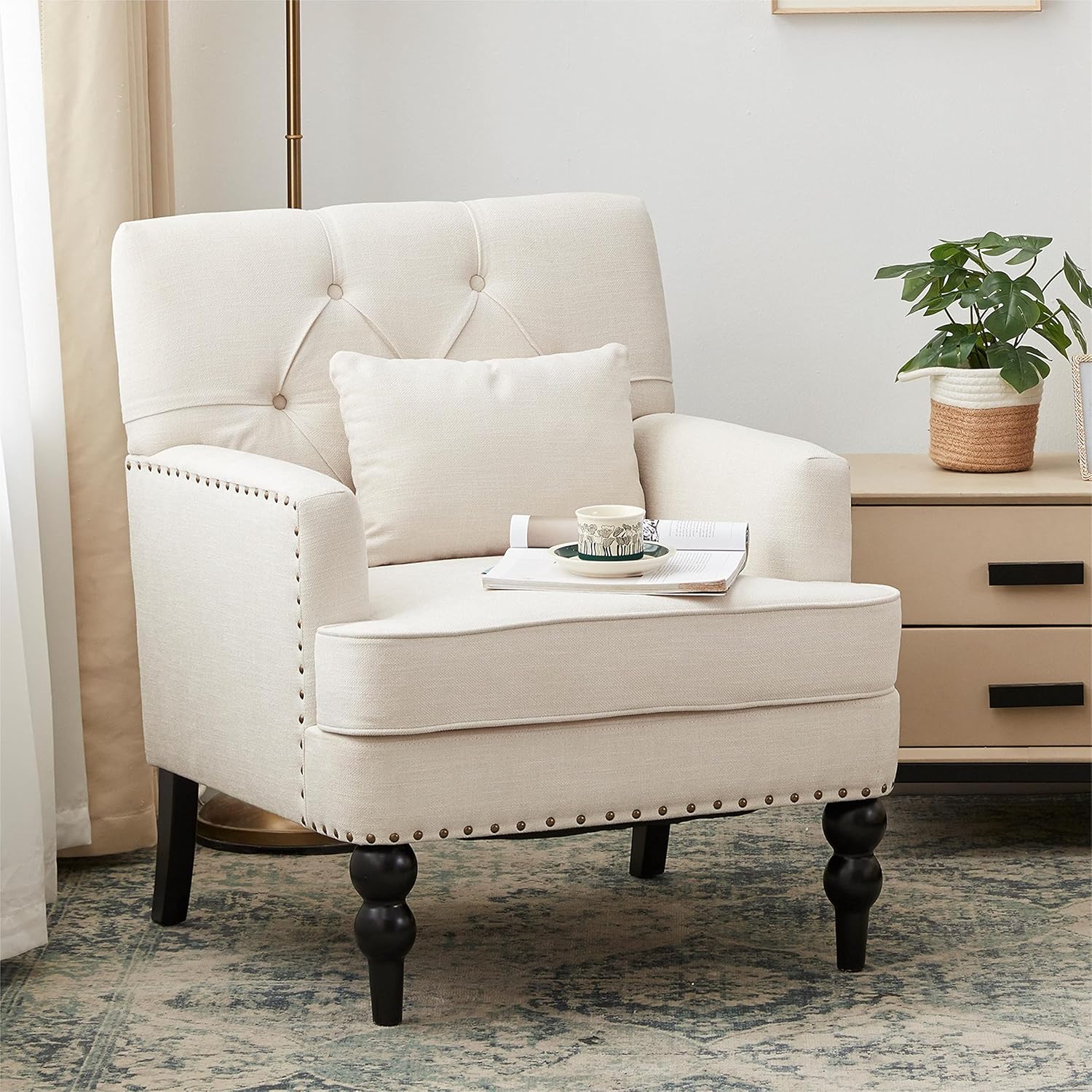 Mid-Century Linen Studded Armchair with Pillow, Beige