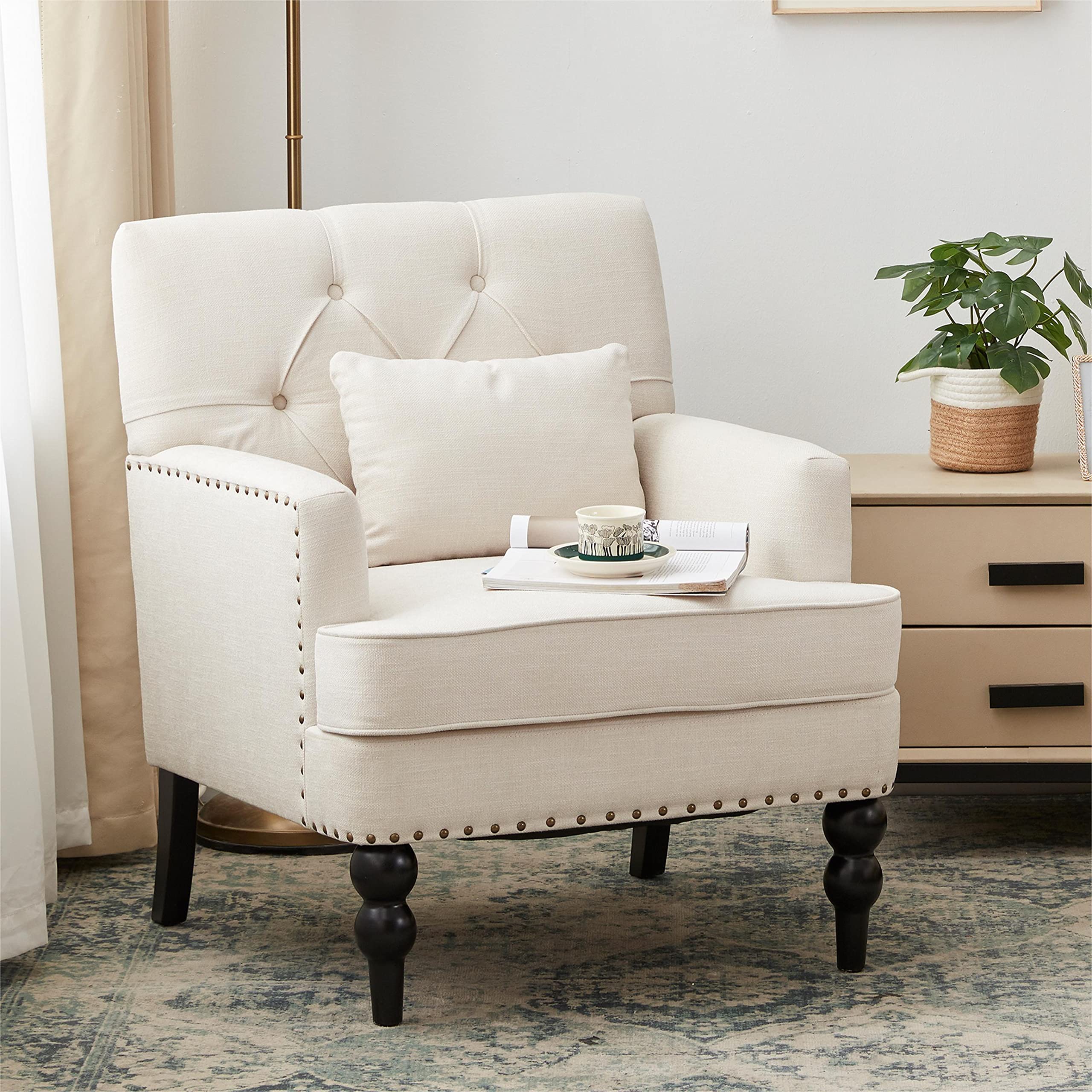 HUIMO Tufted Club Chair,Accent Chair with Lumbar Pillow, Upholstered Button Armchair, Linen Fabric Sofa Chairs for Bedroom, Living Room, Mid Century Modern with Studded Reading Chair Light Blue