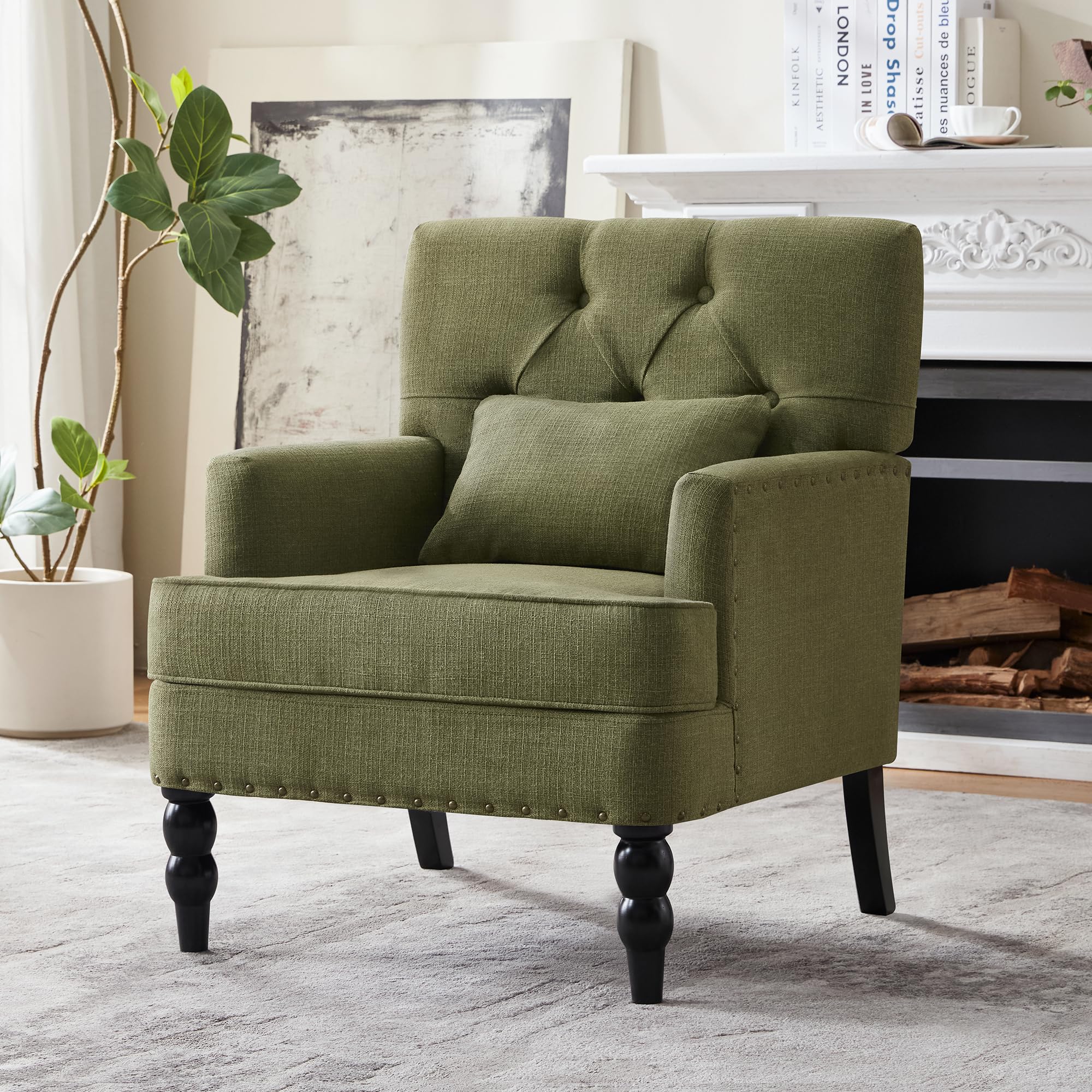 HUIMO Tufted Club Chair,Accent Chair with Lumbar Pillow, Upholstered Button Armchair, Linen Fabric Sofa Chairs for Bedroom, Living Room, Mid Century Modern with Studded Reading Chair Light Blue
