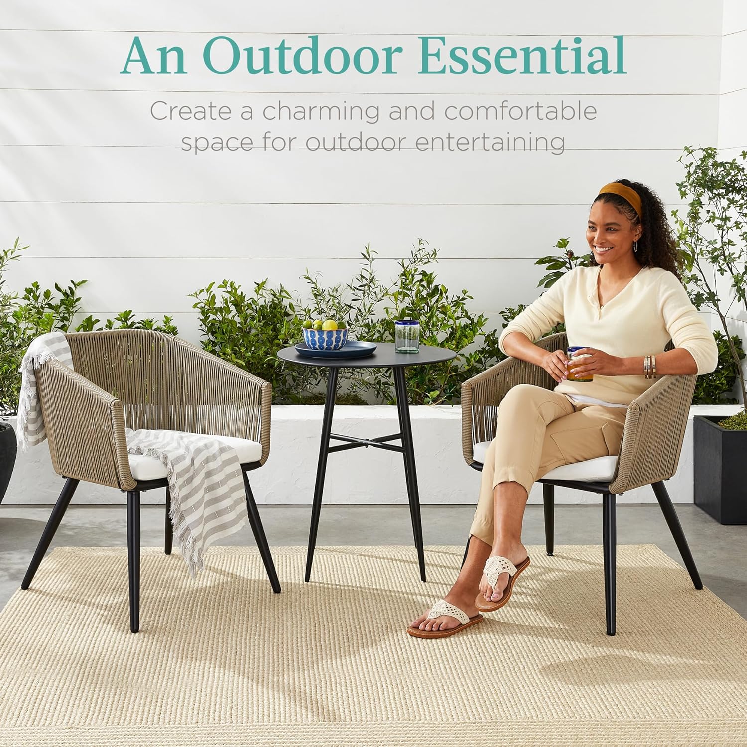 Best Choice Products Set of 2 Patio Dining Chairs, Outdoor Seating for Backyard, Poolside, Balcony w/Woven Wicker Design, 250lb Weight Capacity - Natural/Ivory