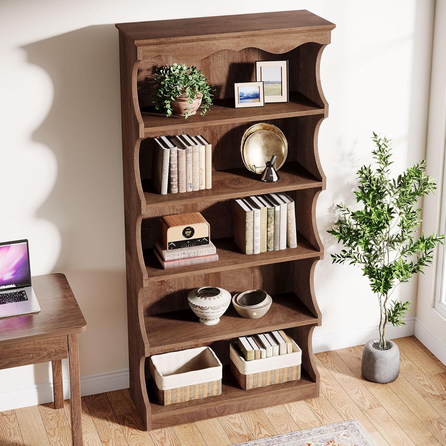 Tribesigns 70-Inch Tall Bookcase, 5-Tier Open Bookshelf with Unique Curved-Edge Design, Wooden Vintage Free-Standing Display Shelves with Storage for Living Room, Home Office, Bedroom