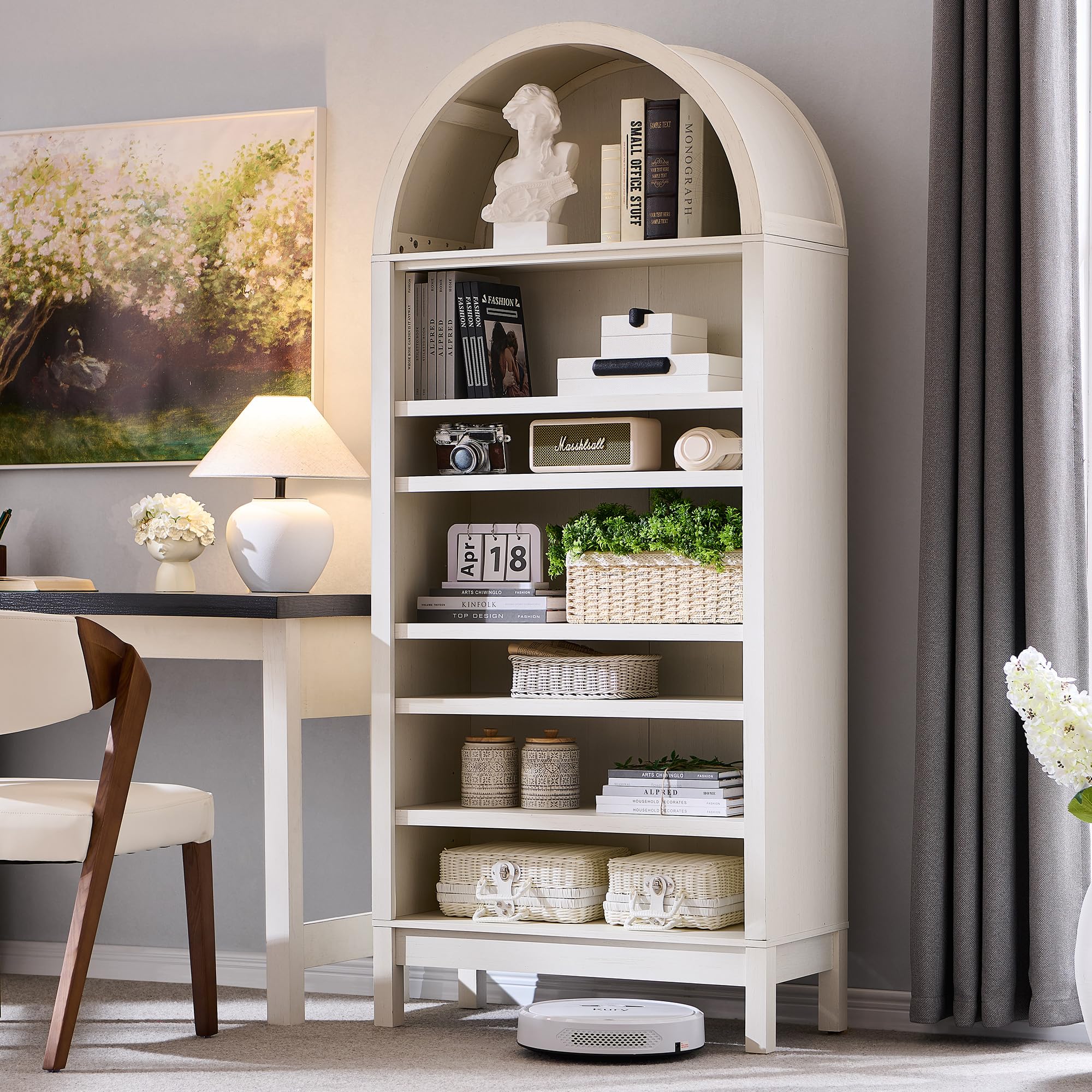 71" 7-Tier Arched Wood Bookshelf Adjustable Shelves, Brown