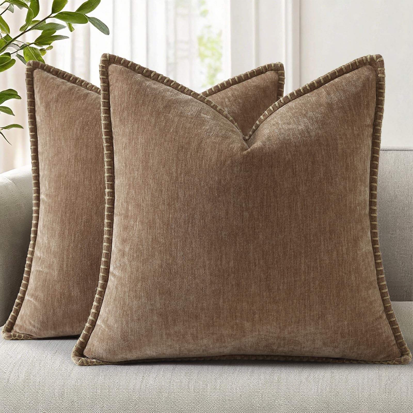 18x18 2-Pack Forest Green Chenille Pillow Covers, Stitched Edge