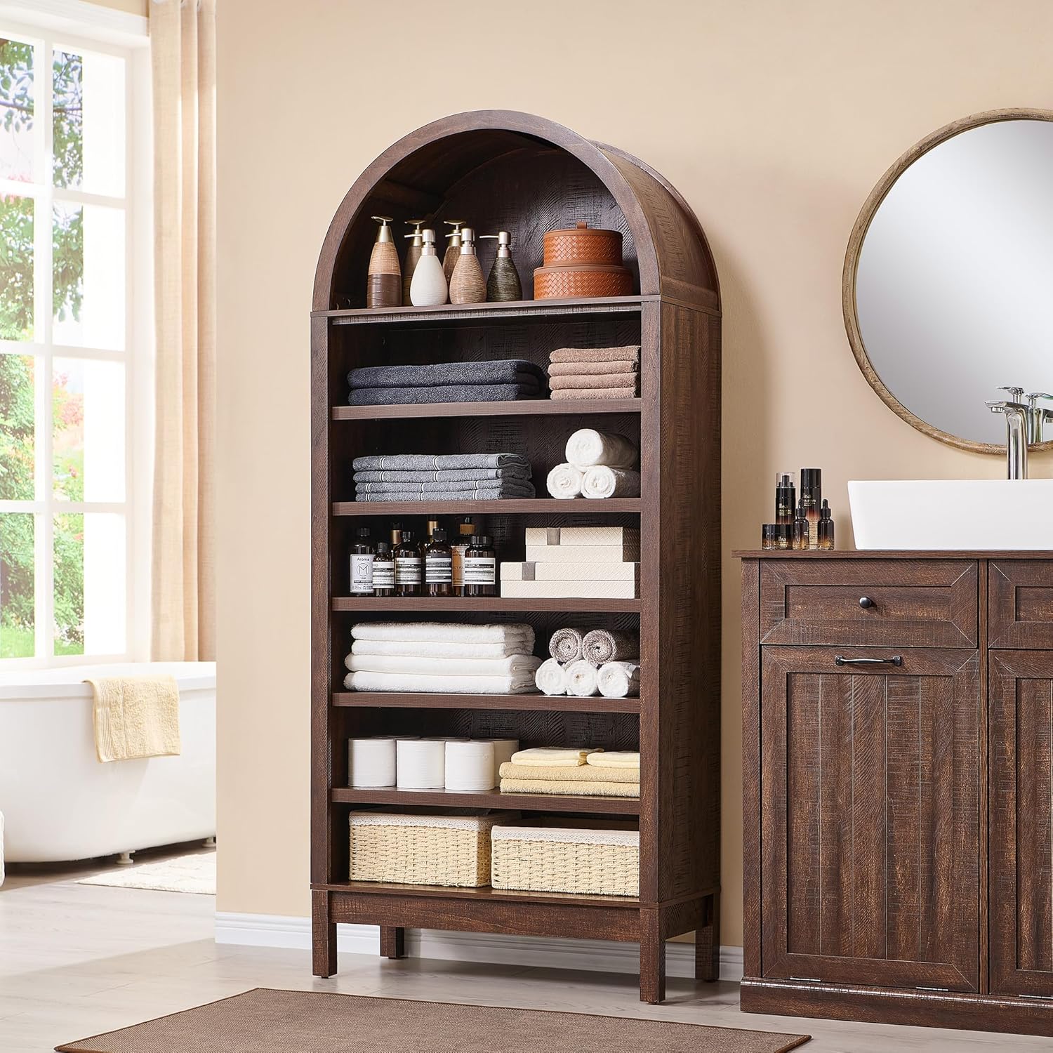 IFGET Brown 7-Tier Adjustable Arched Wooden Bookshelf for Living Room & Office