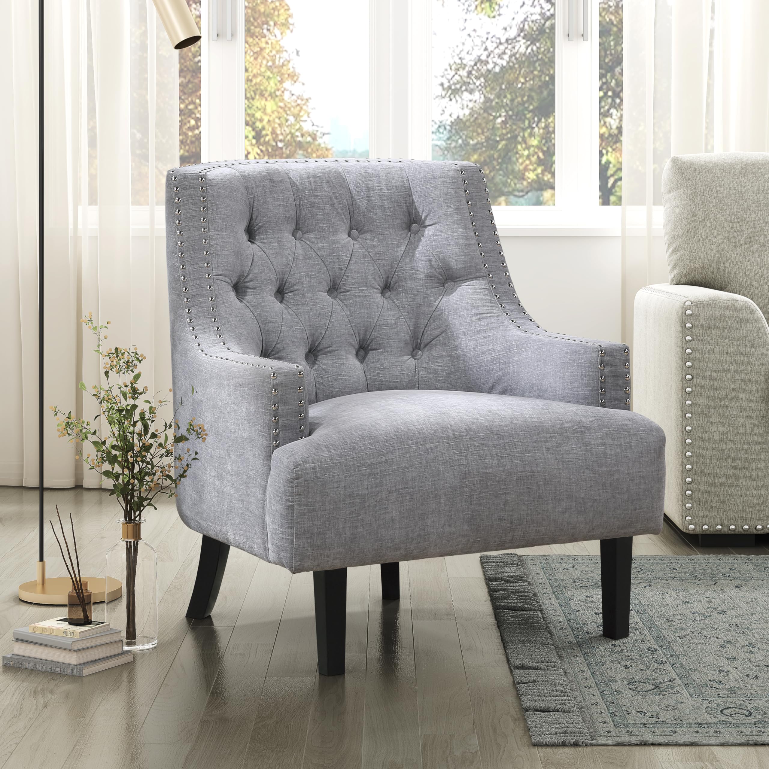 Lexicon Accent Chair Reading Chair Comfy Chair for Bedroom, Upholstered Armchair with Solid Wood Frame, Tufted Cushion Nail Head Trim, Single Sofa Chair for Living Room, Office, Taupe Chenille