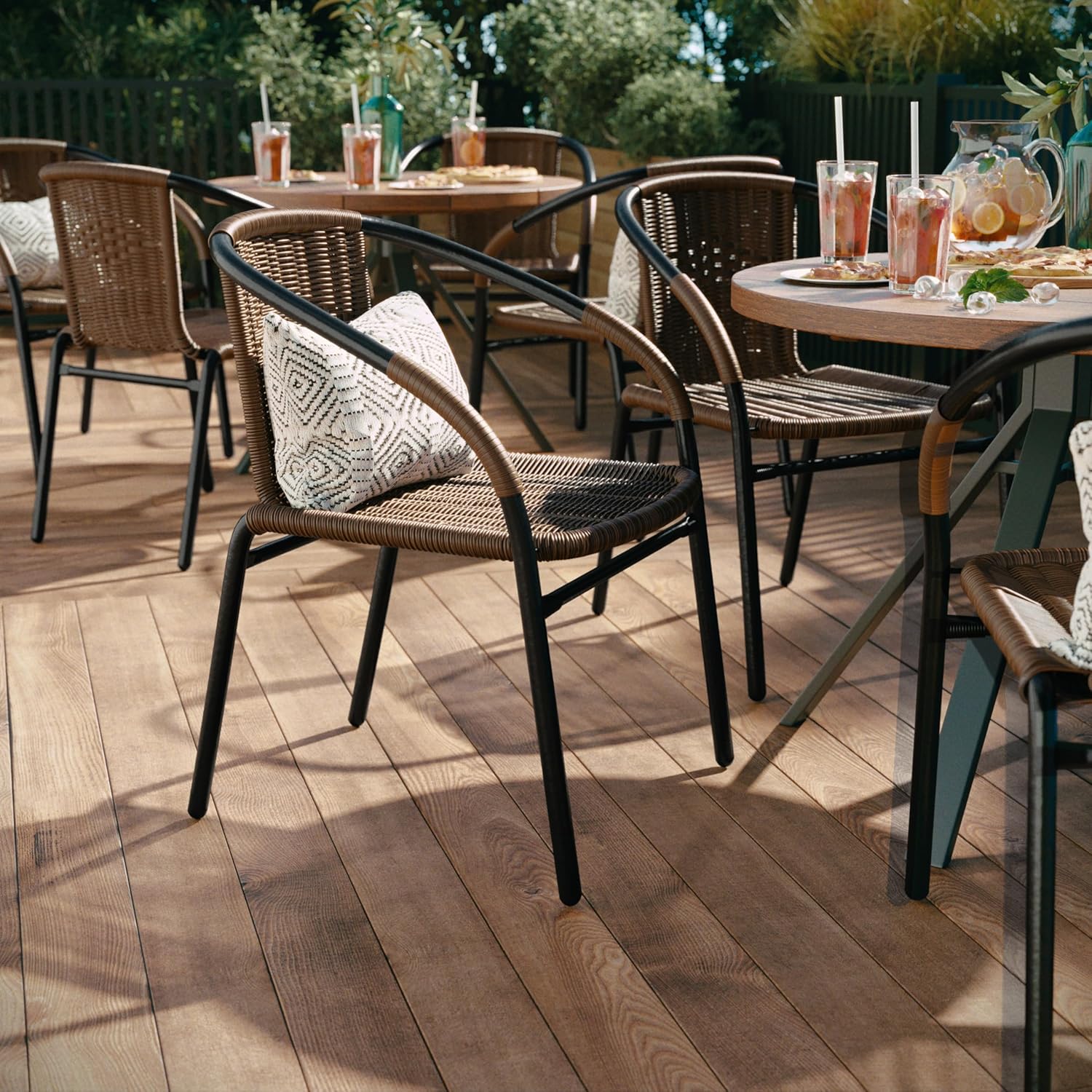 Flash Furniture Lila Modern Rattan Indoor/Outdoor Stackable Dining Chairs, Stacking Rattan Bistro Chairs for Patio or Restaurant, Set of 2, Brown