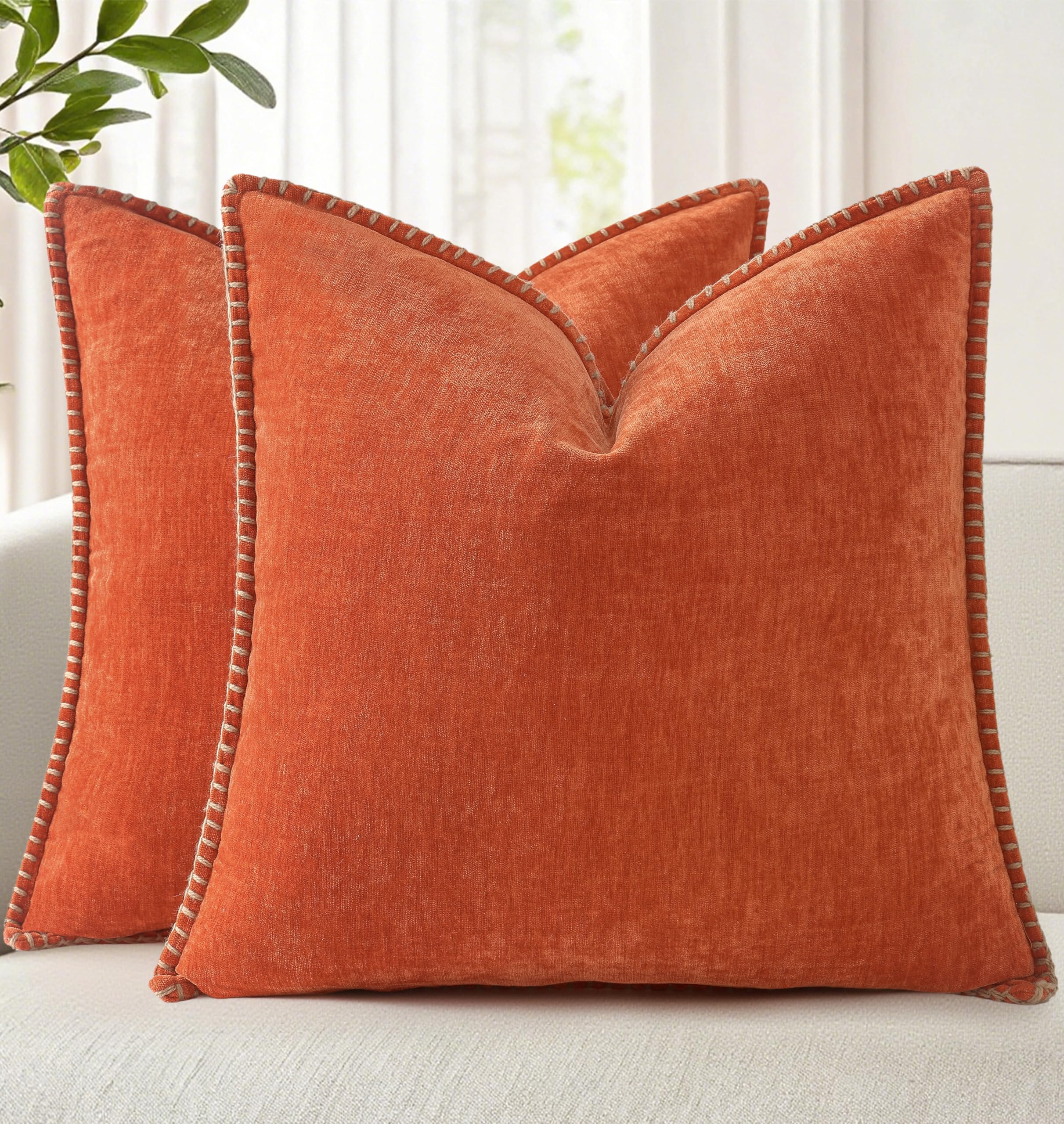 18x18 2-Pack Forest Green Chenille Pillow Covers, Stitched Edge