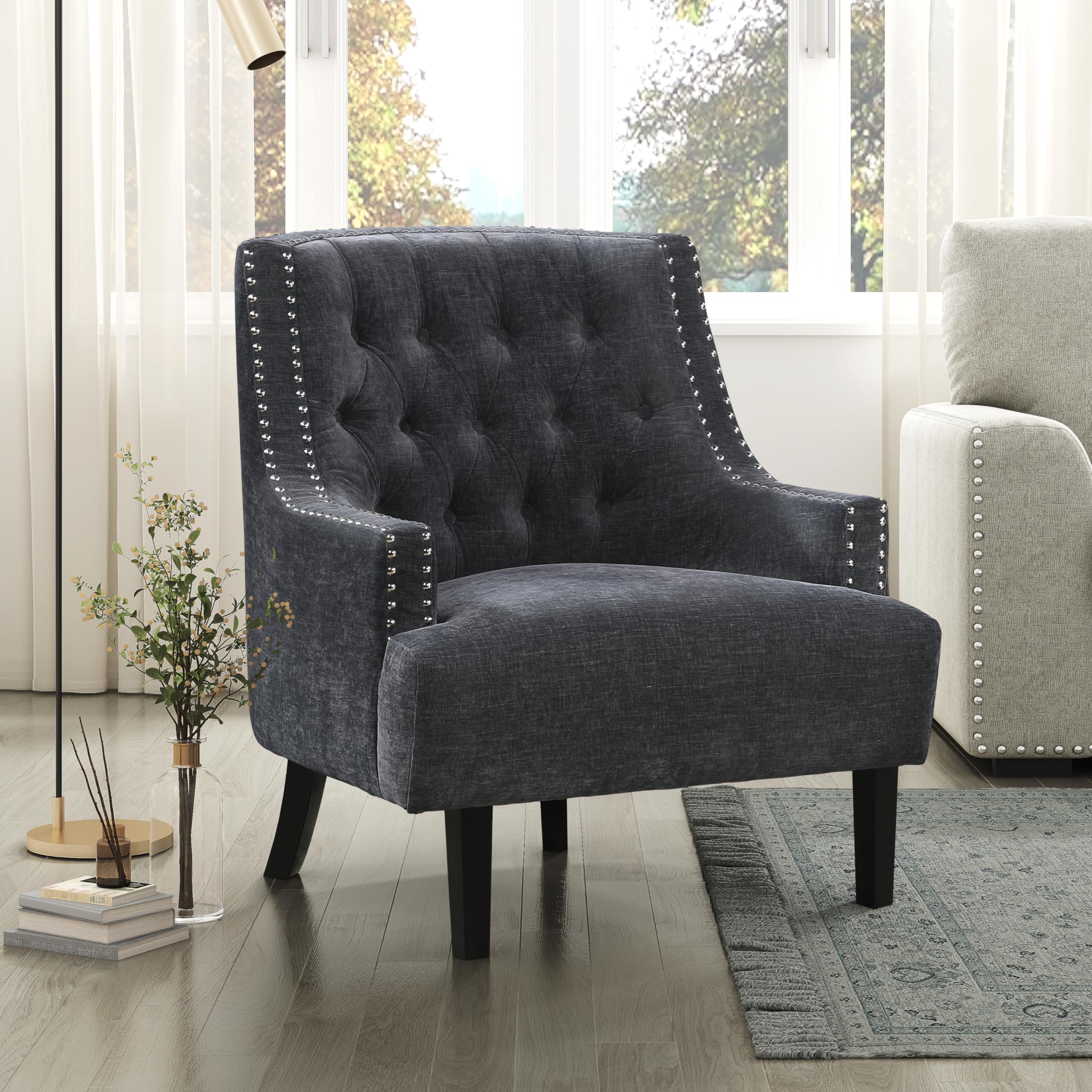Lexicon Accent Chair Reading Chair Comfy Chair for Bedroom, Upholstered Armchair with Solid Wood Frame, Tufted Cushion Nail Head Trim, Single Sofa Chair for Living Room, Office, Taupe Chenille