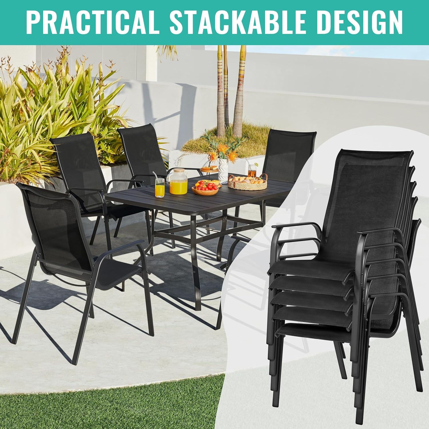 Yaheetech Set of 2 Patio Dining Chairs, Outdoor Stackable Patio Chairs with Backrest/Armrests, All Weather Chairs for Garden/Lawn/Porch/Backyard Pool, Black