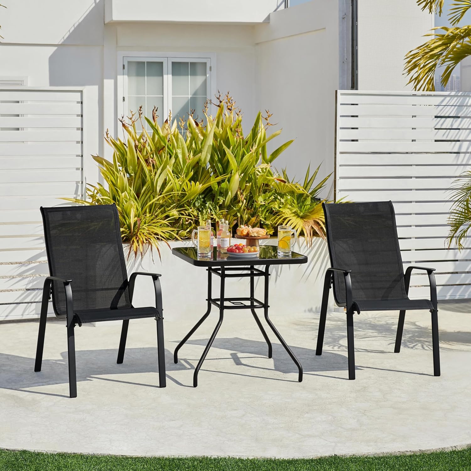 Yaheetech Set of 2 Patio Dining Chairs, Outdoor Stackable Patio Chairs with Backrest/Armrests, All Weather Chairs for Garden/Lawn/Porch/Backyard Pool, Black