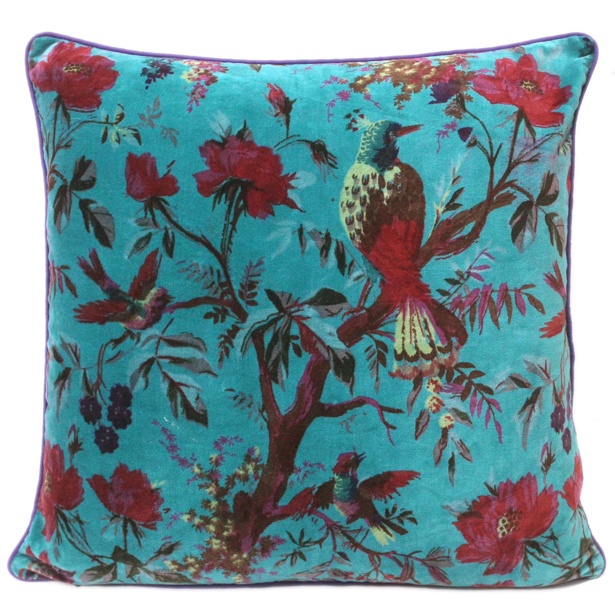 24x24 inch Burgundy Red Velvet Floral Flower Bird Throw Pillow Sofa Cushion Cover Case Couch Bohemian Accent Colorful Boho Chic Indian Handmade Cover Only