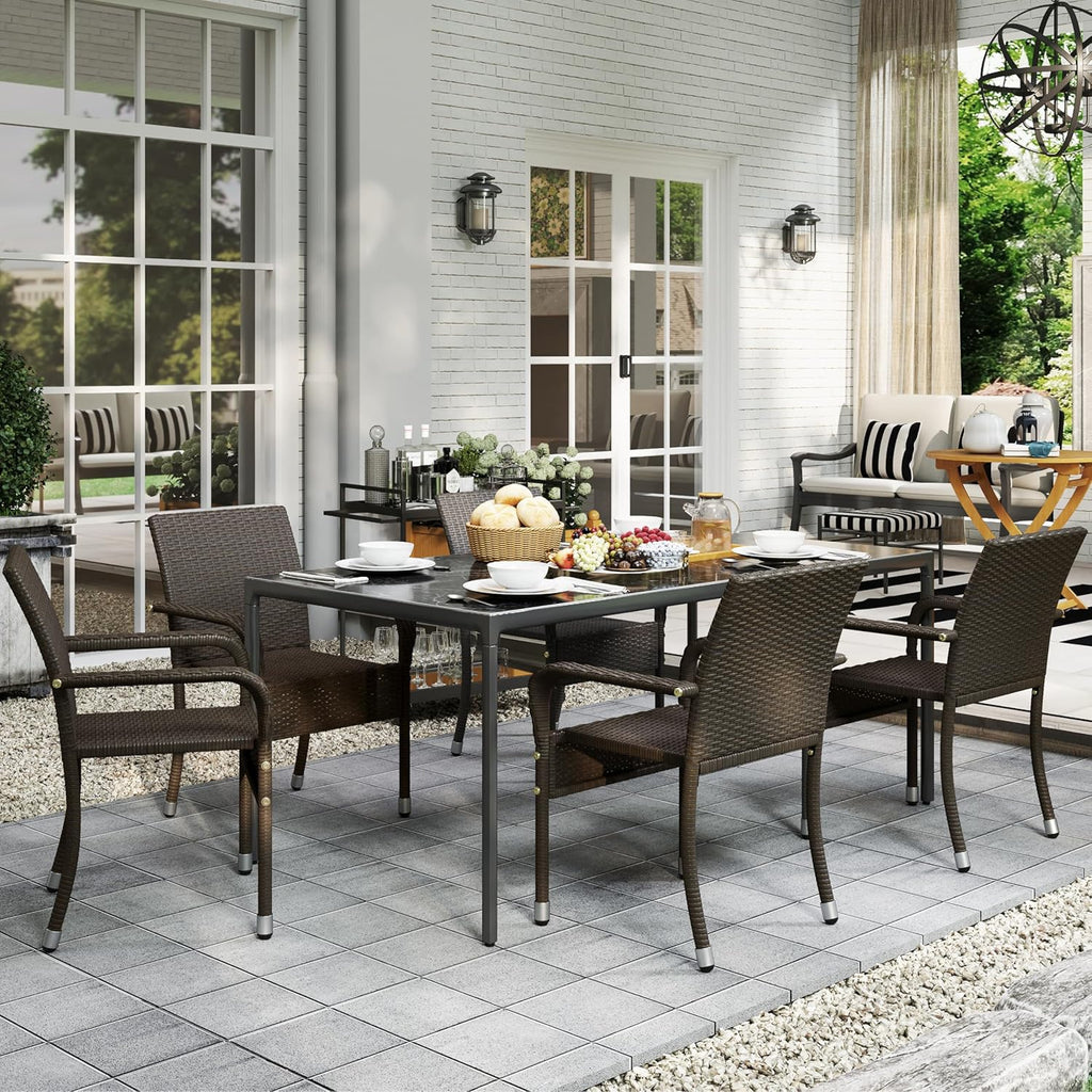 Yaheetech Set of 2 Stackable Outdoor Rattan Dining Chairs, All-Weather Armchair w/Armrests, Steel Frame for Garden, Patio, Deck, Yard, Poolside, Brown