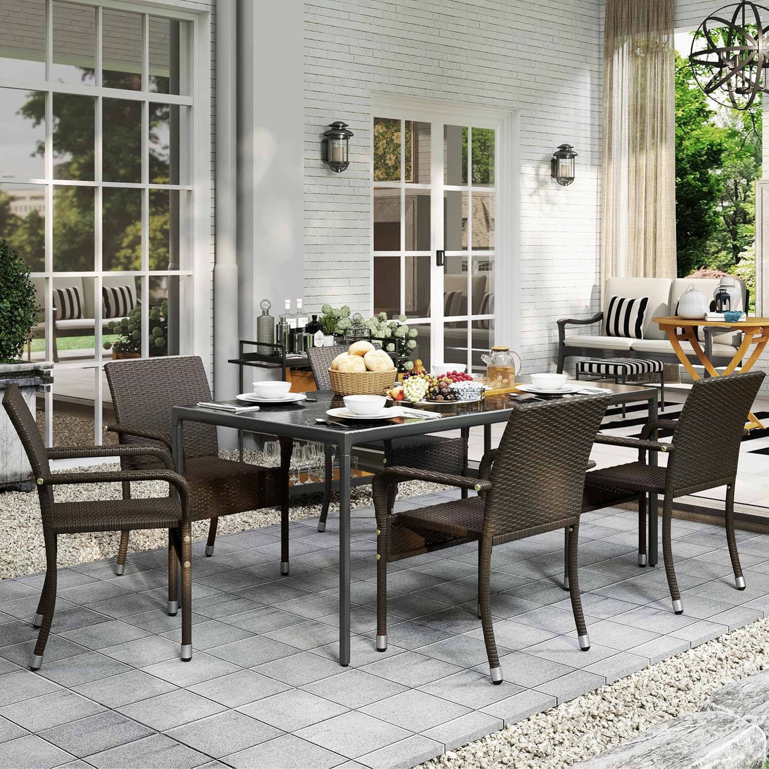 Yaheetech Set of 2 Stackable Outdoor Rattan Dining Chairs, All-Weather Armchair w/Armrests, Steel Frame for Garden, Patio, Deck, Yard, Poolside, Brown