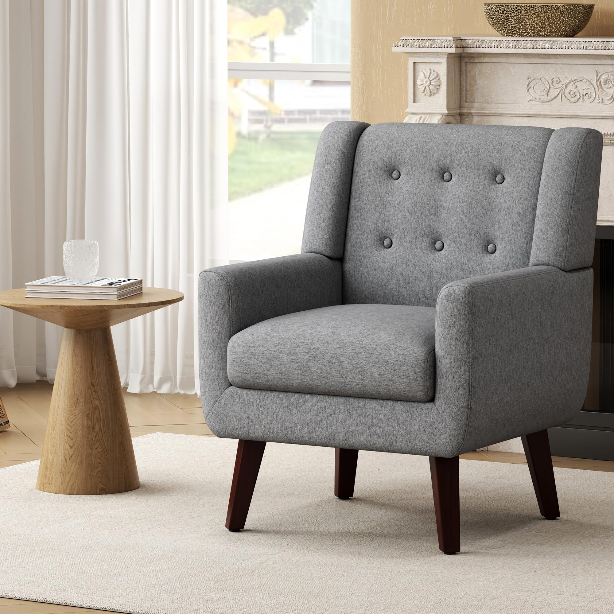 Linen Fabric Living Room Chairs, Accent Chair, Mid Century Modern Armchair for Living Room, Bedroom Button Tufted Upholstered Comfy Reading Sofas,Vanity Chair (2, Beige)