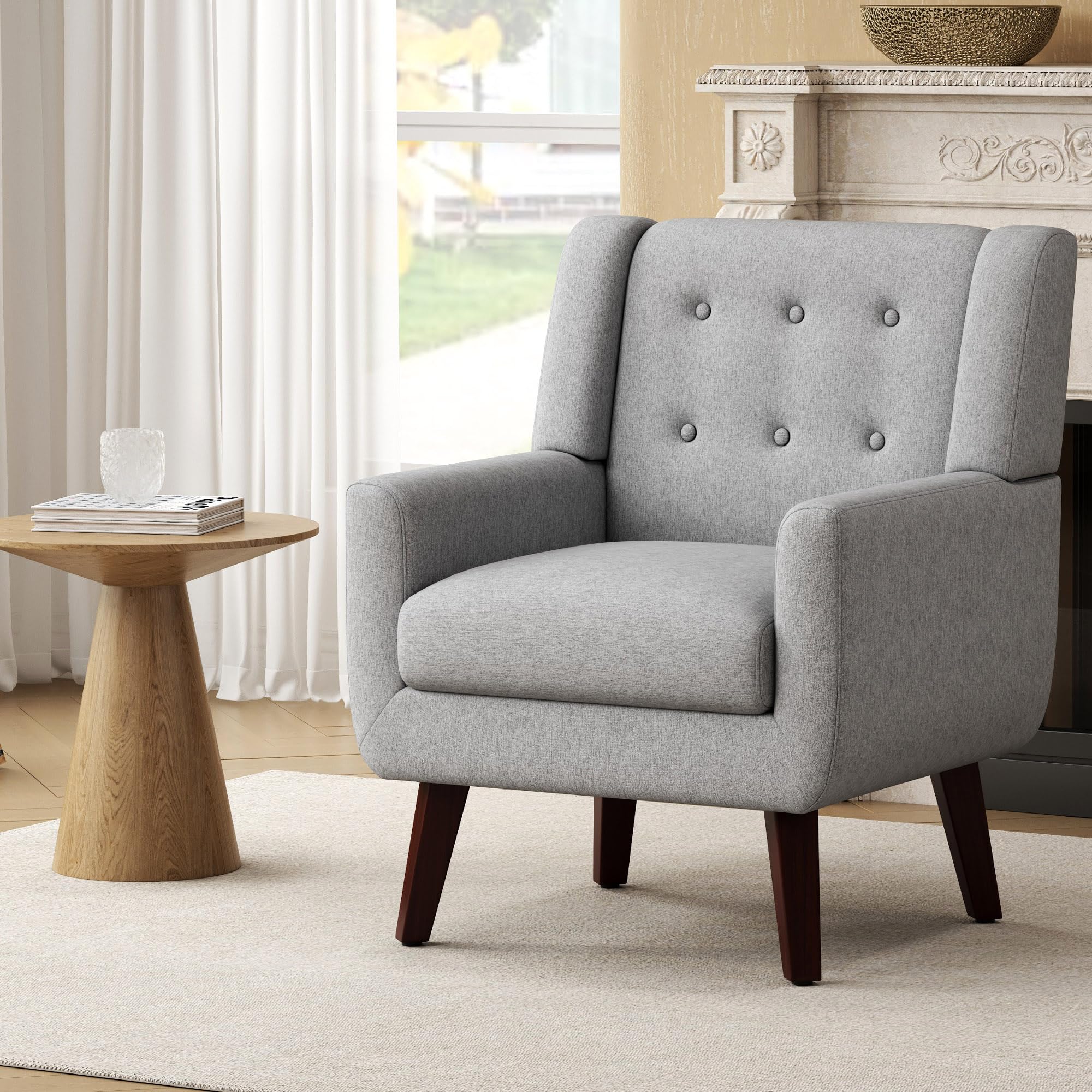 Linen Fabric Living Room Chairs, Accent Chair, Mid Century Modern Armchair for Living Room, Bedroom Button Tufted Upholstered Comfy Reading Sofas,Vanity Chair (2, Beige)