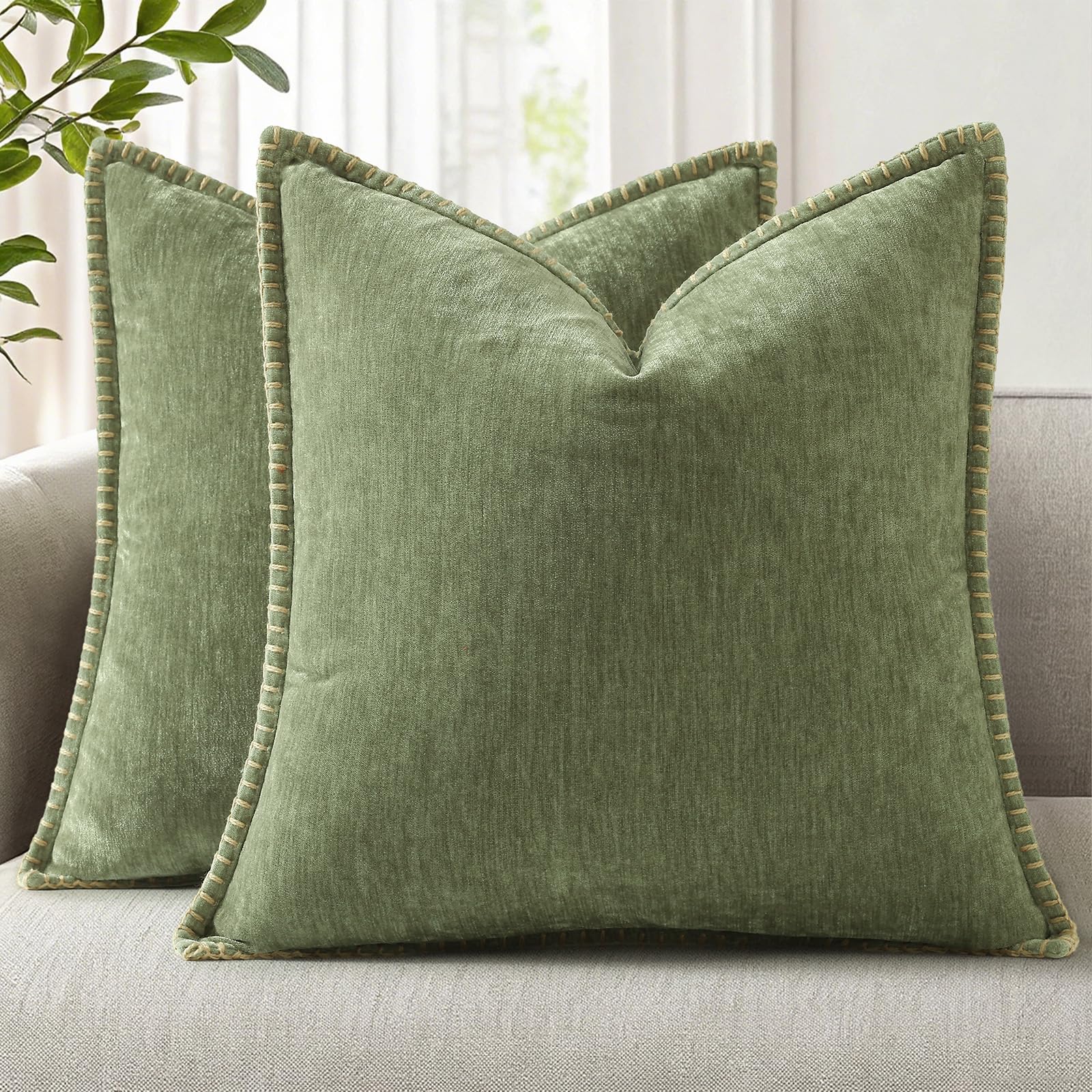 18x18 2-Pack Forest Green Chenille Pillow Covers, Stitched Edge